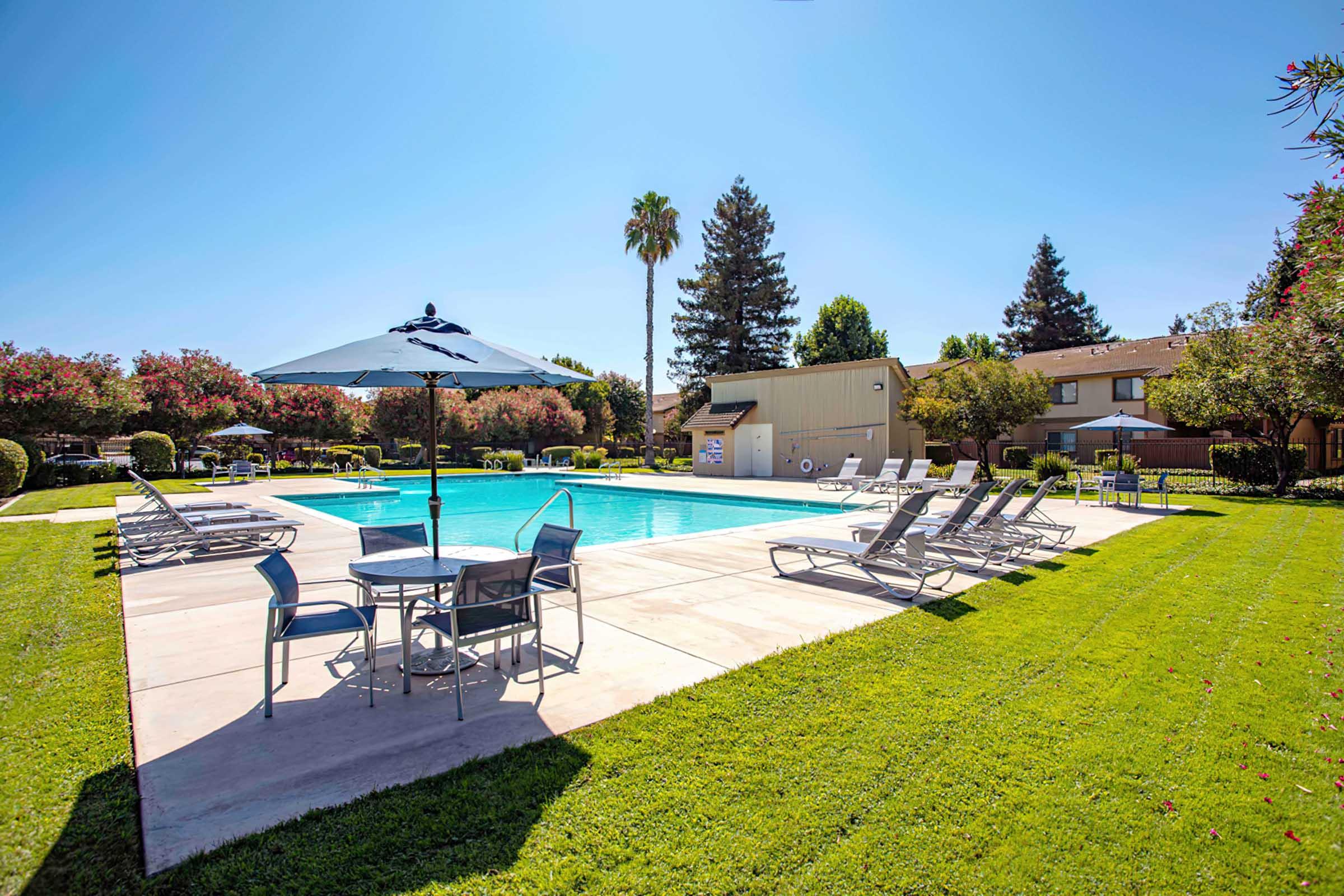 swimming pool with lounge chairs