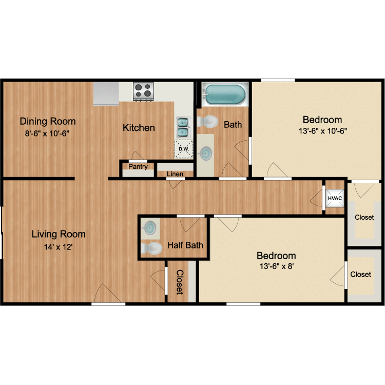 Floor plan image of 2 Bed 1.5 Bath