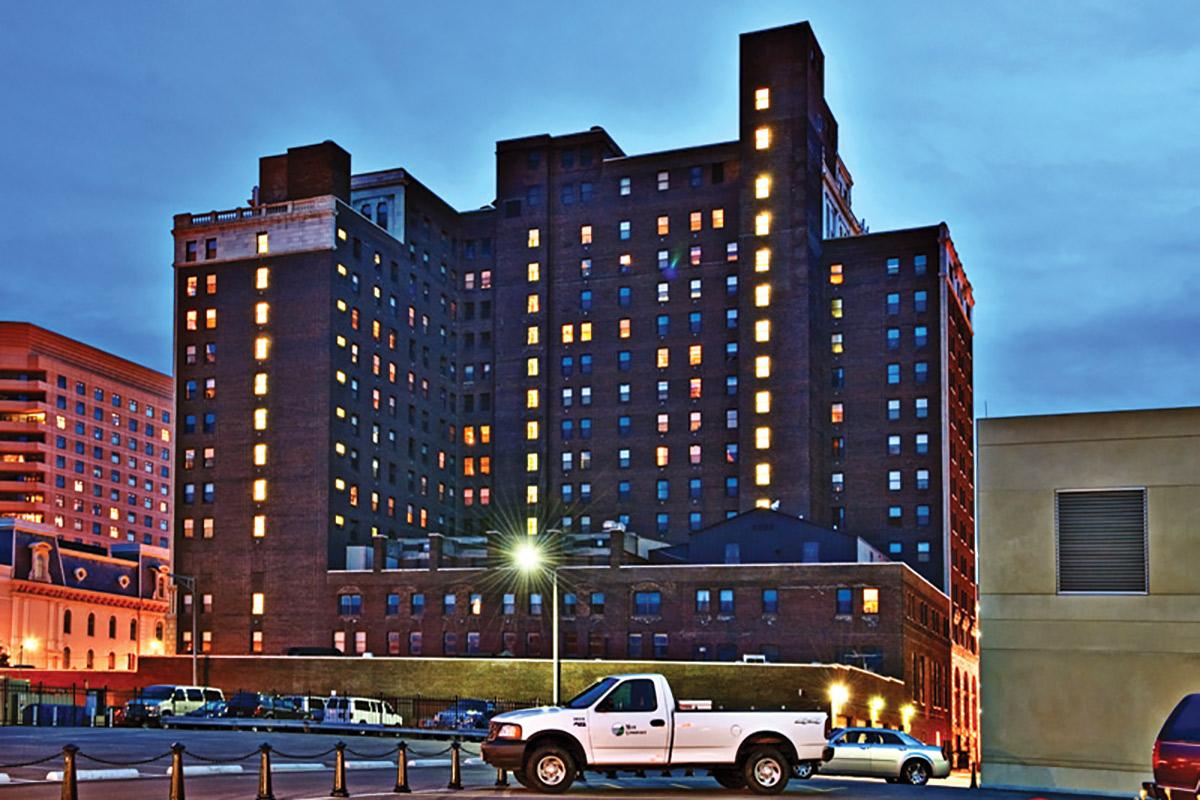 a tall building in a city
