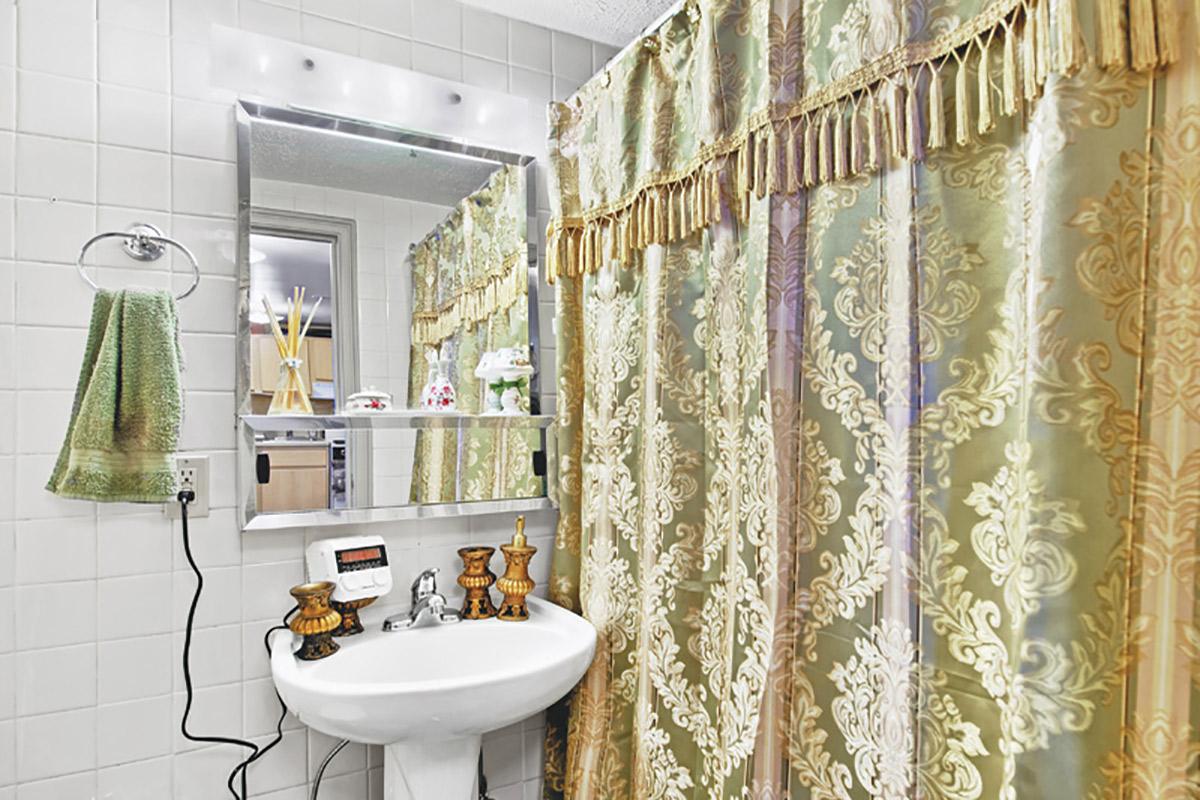 a shower curtain next to a sink