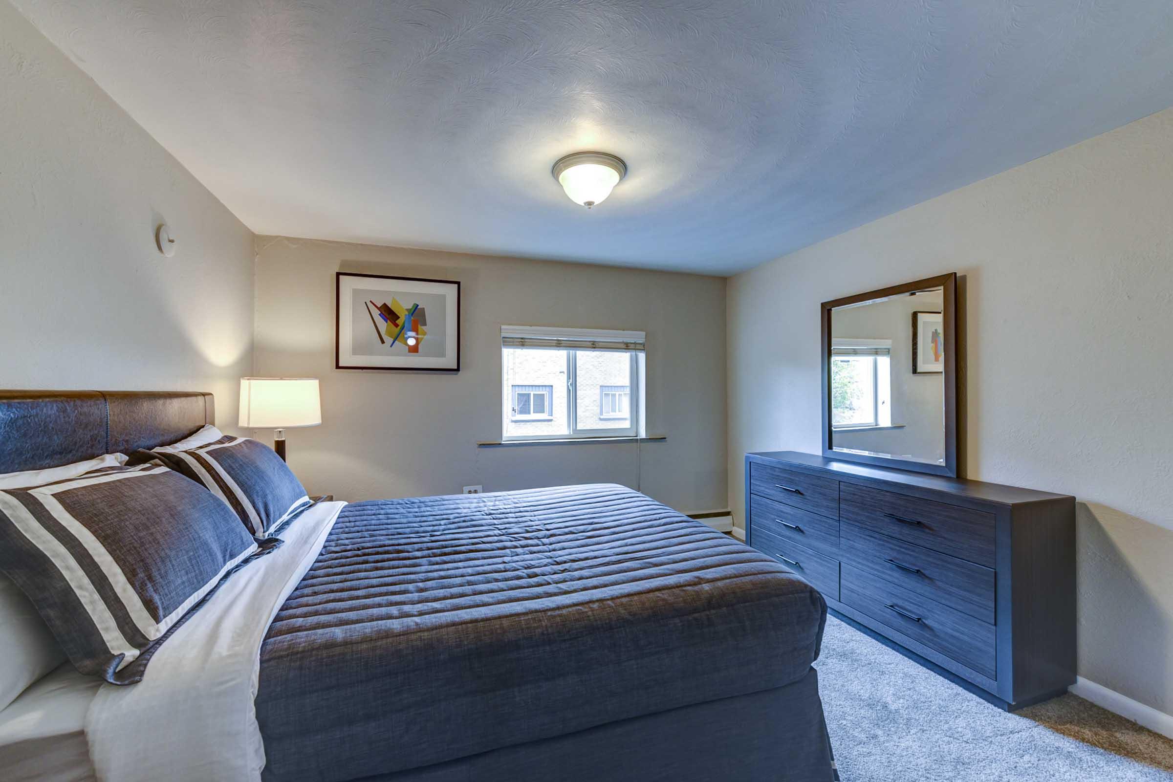  A cozy bedroom featuring a queen-sized bed with gray bedding, a bedside lamp, and a framed artwork on the wall. 