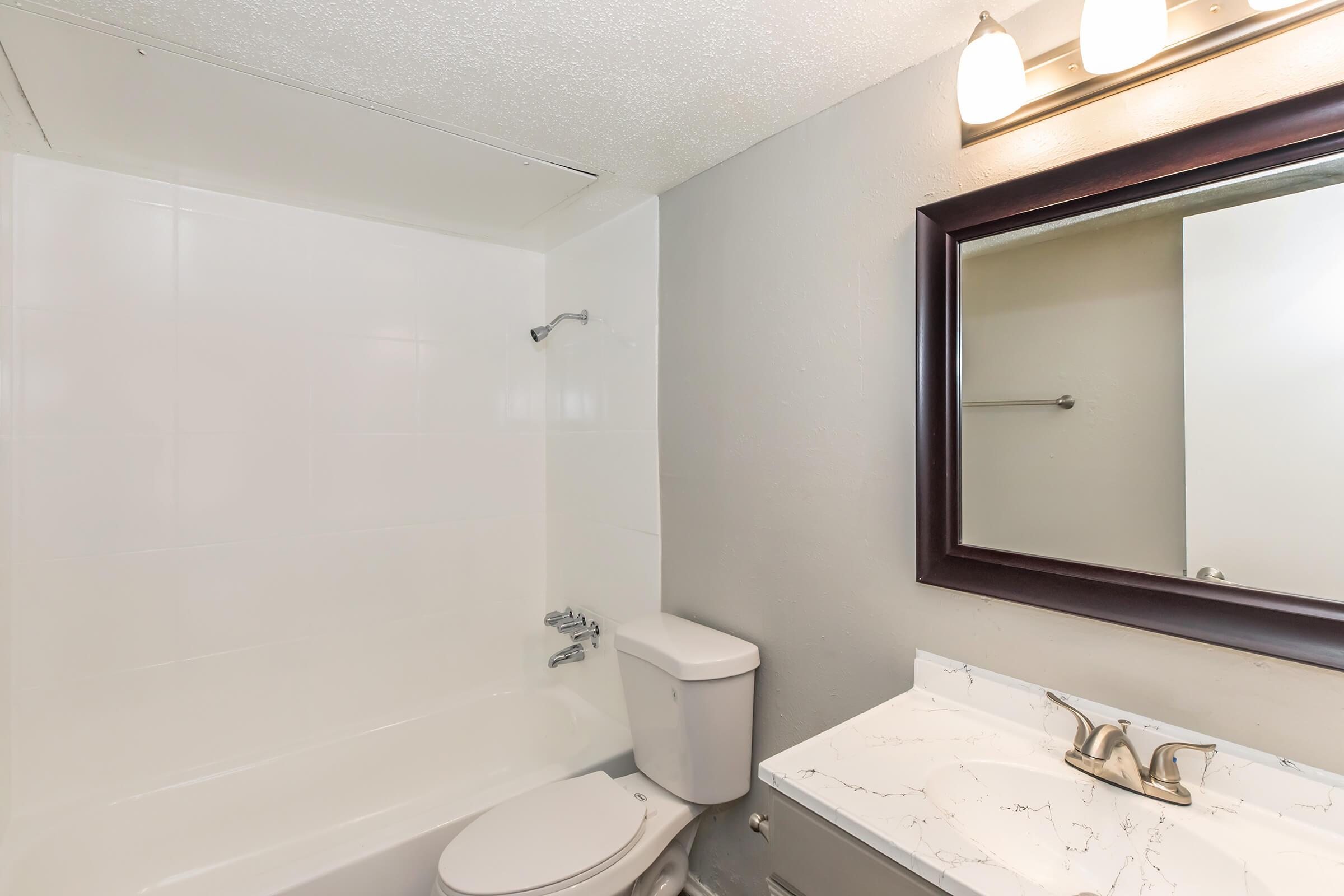 A clean and modern bathroom featuring a white bathtub with a shower, a toilet, and a vanity sink with a marble countertop. The wall is painted gray, and there is a large mirror framed in dark wood above the sink, along with overhead lights providing bright illumination.