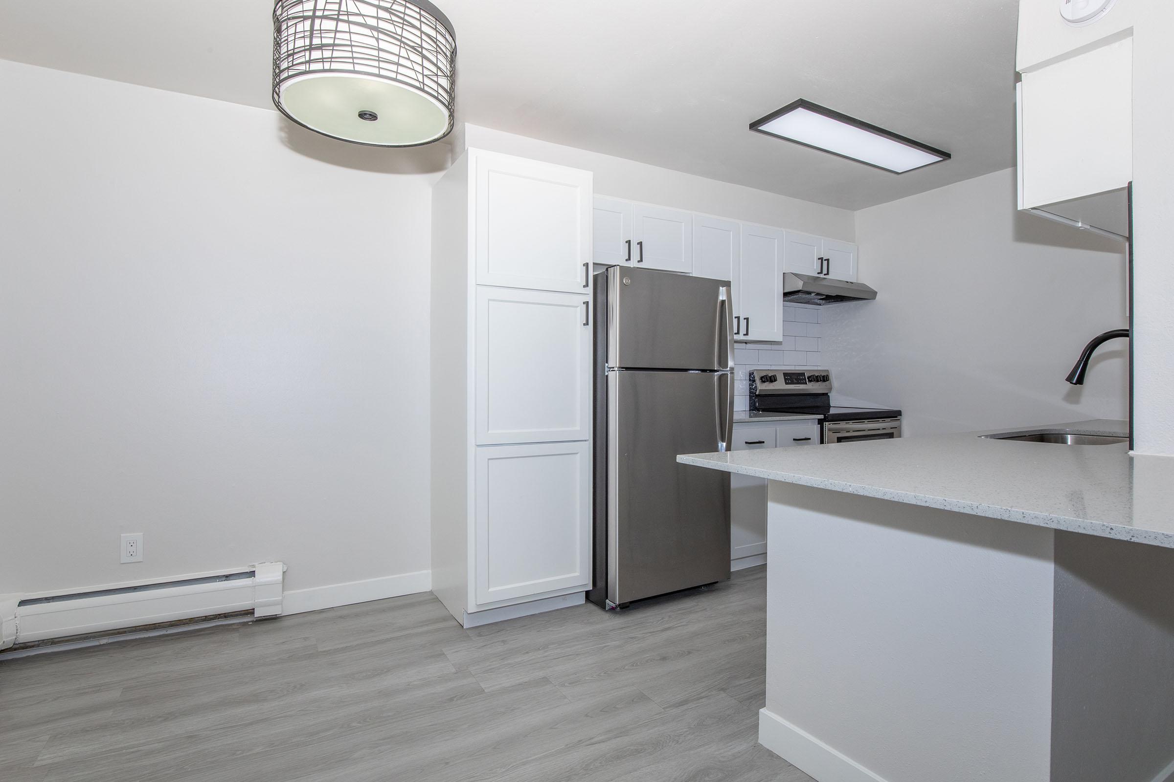 a kitchen with a sink and a refrigerator