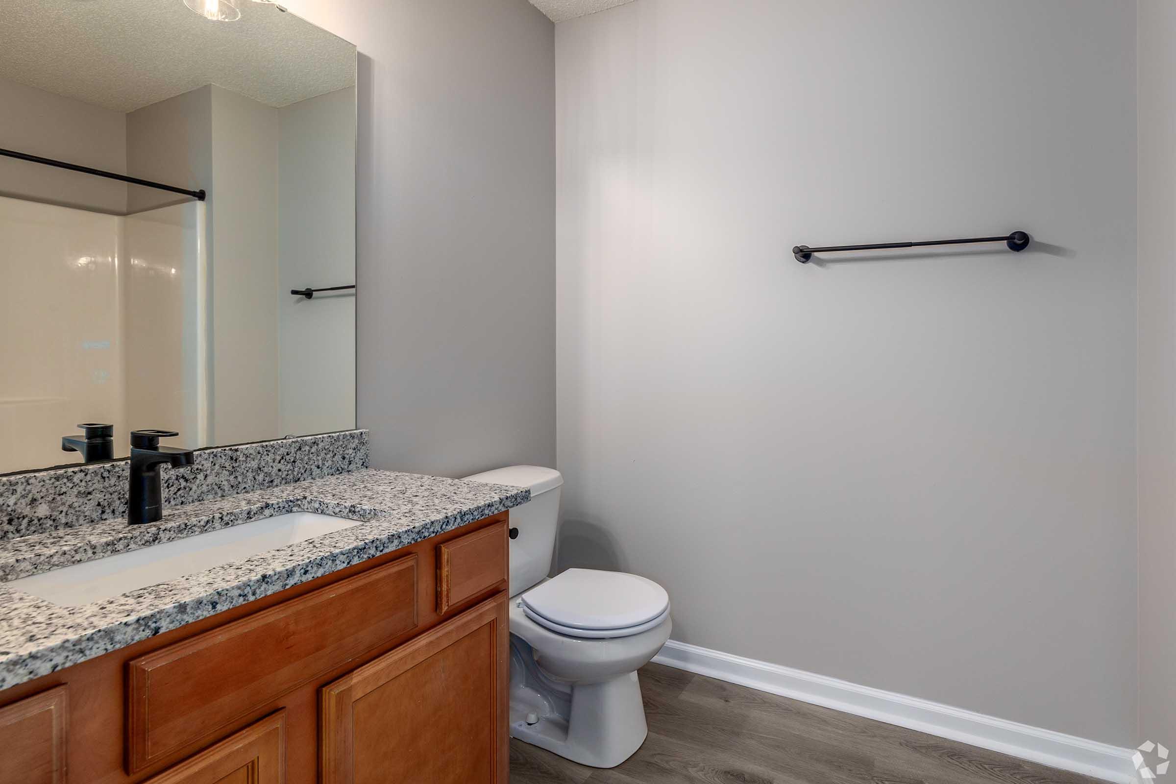 Modern bathroom featuring a granite countertop with a sink and black faucet. A toilet is positioned beside the countertop. The wall is painted light gray, and there is a towel rack above the toilet. The floor has a wood-like finish, adding warmth to the space. A mirror is mounted above the sink, reflecting the room.