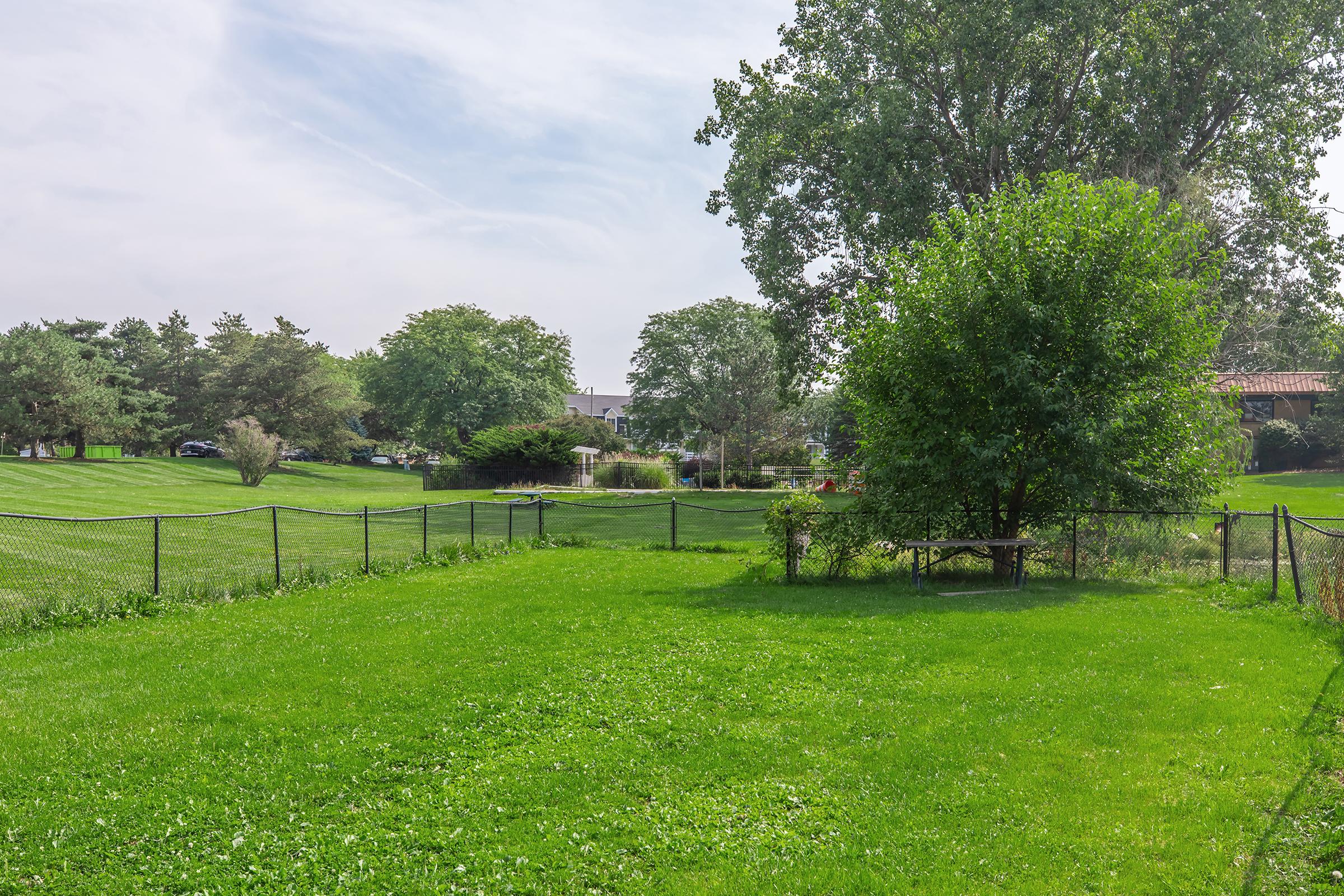 A lush green lawn surrounded by a fence, with trees and shrubs in the background. A small picnic table is visible near the edge of the lawn. Bright, sunny day with a clear blue sky and scattered clouds. The scene conveys a peaceful outdoor setting.