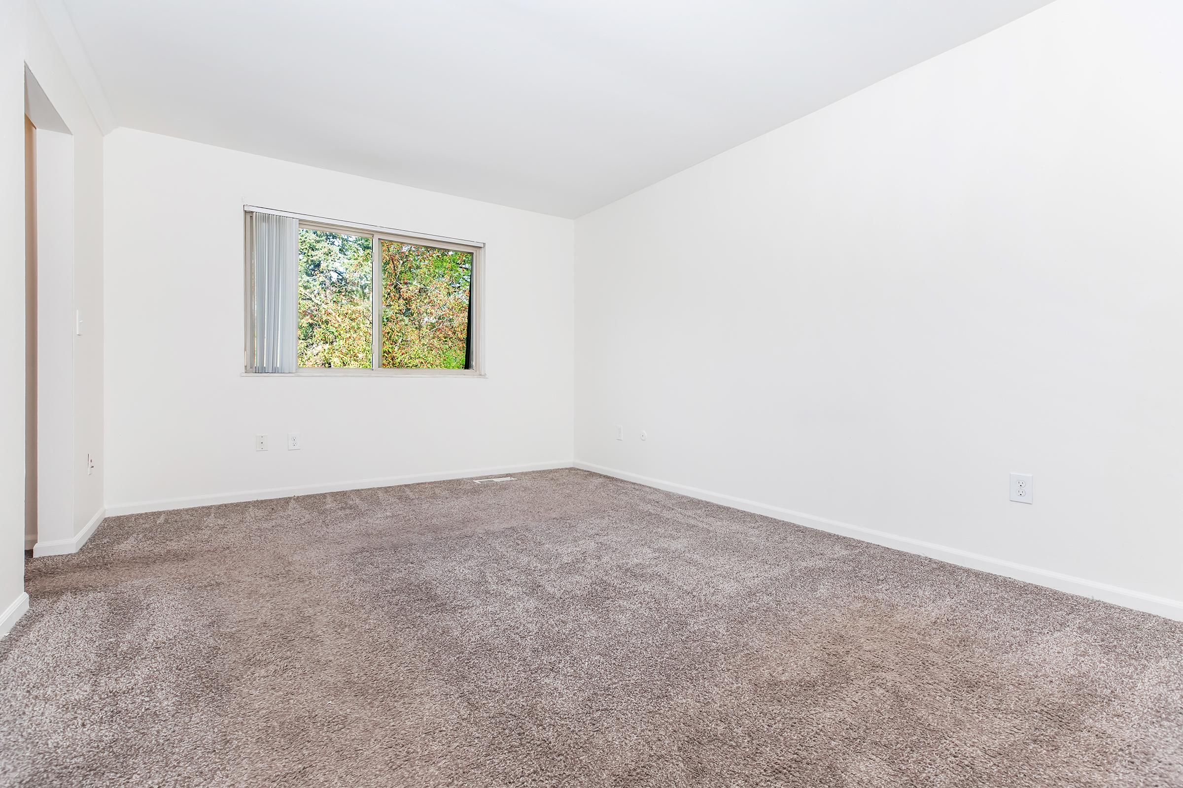 A spacious and empty room with light-colored walls and brown carpeting. A large window provides natural light and a view of greenery outside. The room has no furniture, emphasizing its openness and potential for customization.