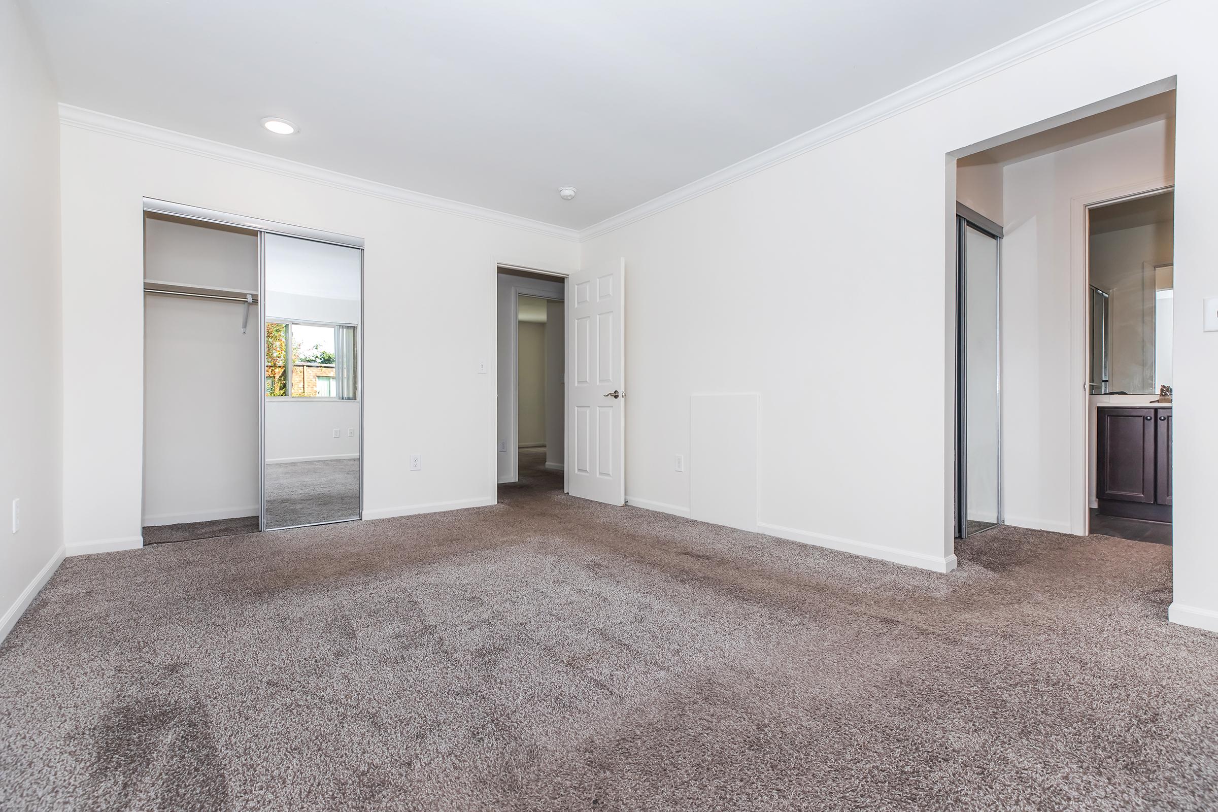 A spacious, empty room with light-colored walls and plush gray carpeting. There are two doorways leading to other areas: one opens to a bathroom, and the other leads to a small closet space with mirrored sliding doors. Natural light streams in through a window, enhancing the room's bright and airy feel.