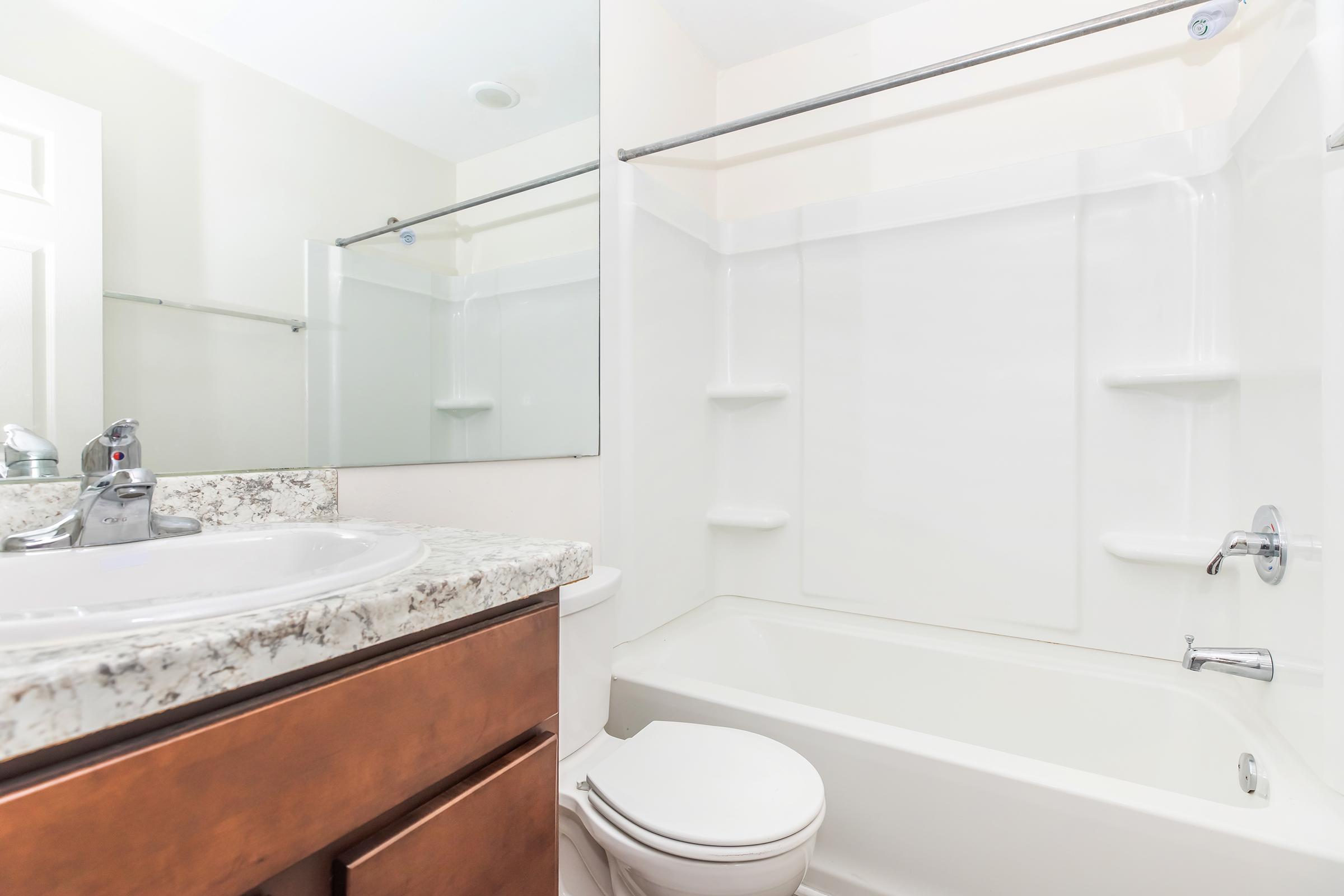 A modern bathroom featuring a white bathtub with a shower, a granite countertop sink, and a mirror. The cabinetry is wooden with a warm finish. The walls are painted light and the space is well-lit, giving it a clean and contemporary feel.