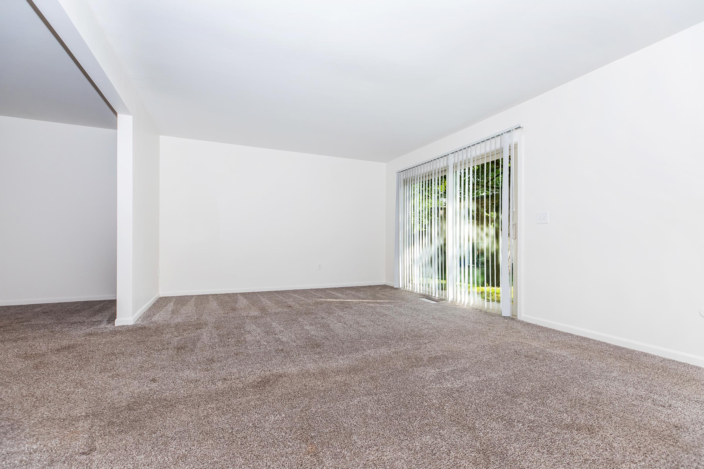 A spacious, empty living room featuring beige carpet and white walls. A large sliding glass door with vertical blinds allows natural light to enter, leading to an outdoor area. The room has a high ceiling and an open layout, creating a bright and airy atmosphere.