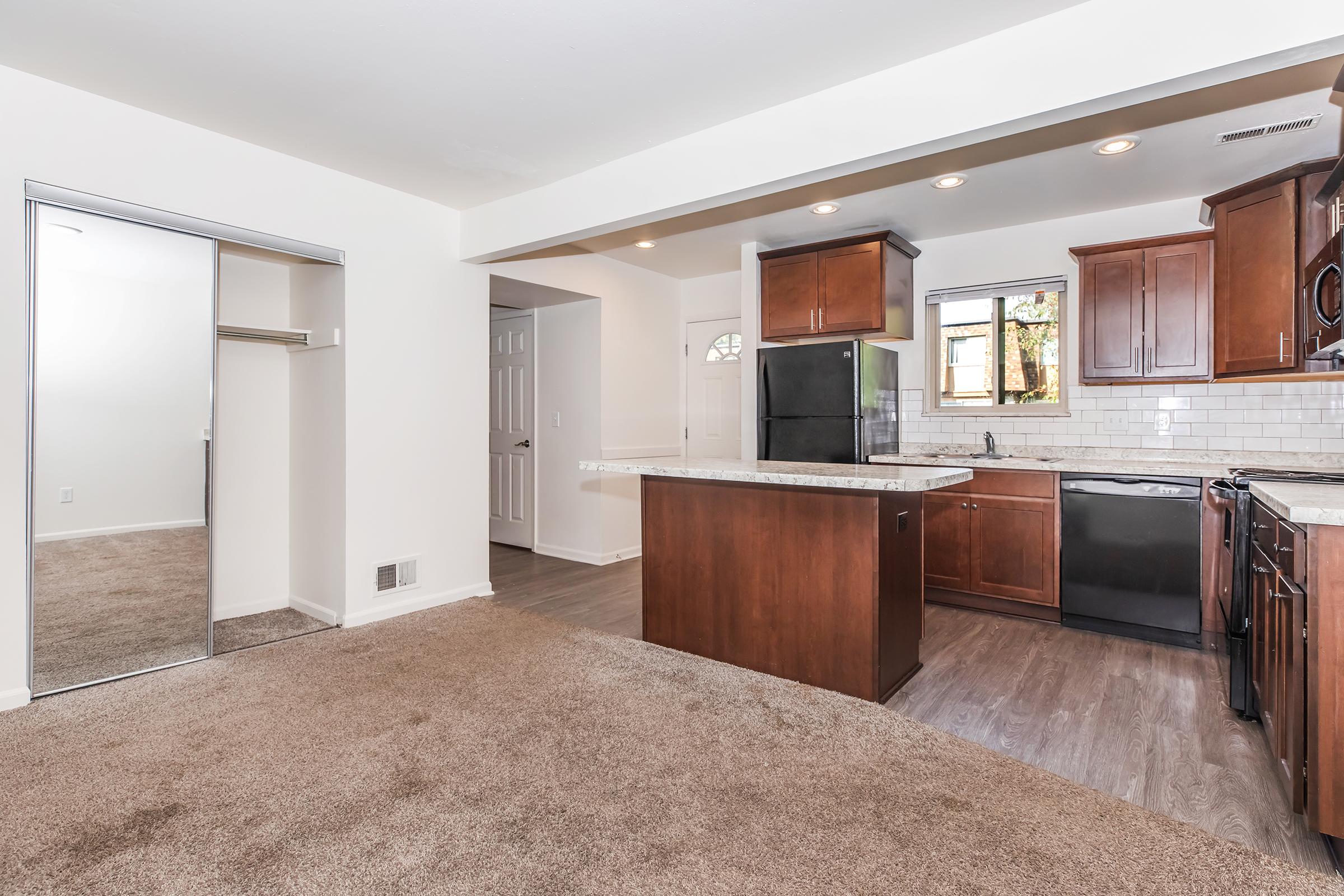 Open-concept kitchen and living area featuring dark wood cabinetry, granite countertops, and modern appliances. A mirrored closet is visible to the left, while the space is illuminated by natural light from a window. The flooring is a combination of carpet in the living area and hardwood in the kitchen.
