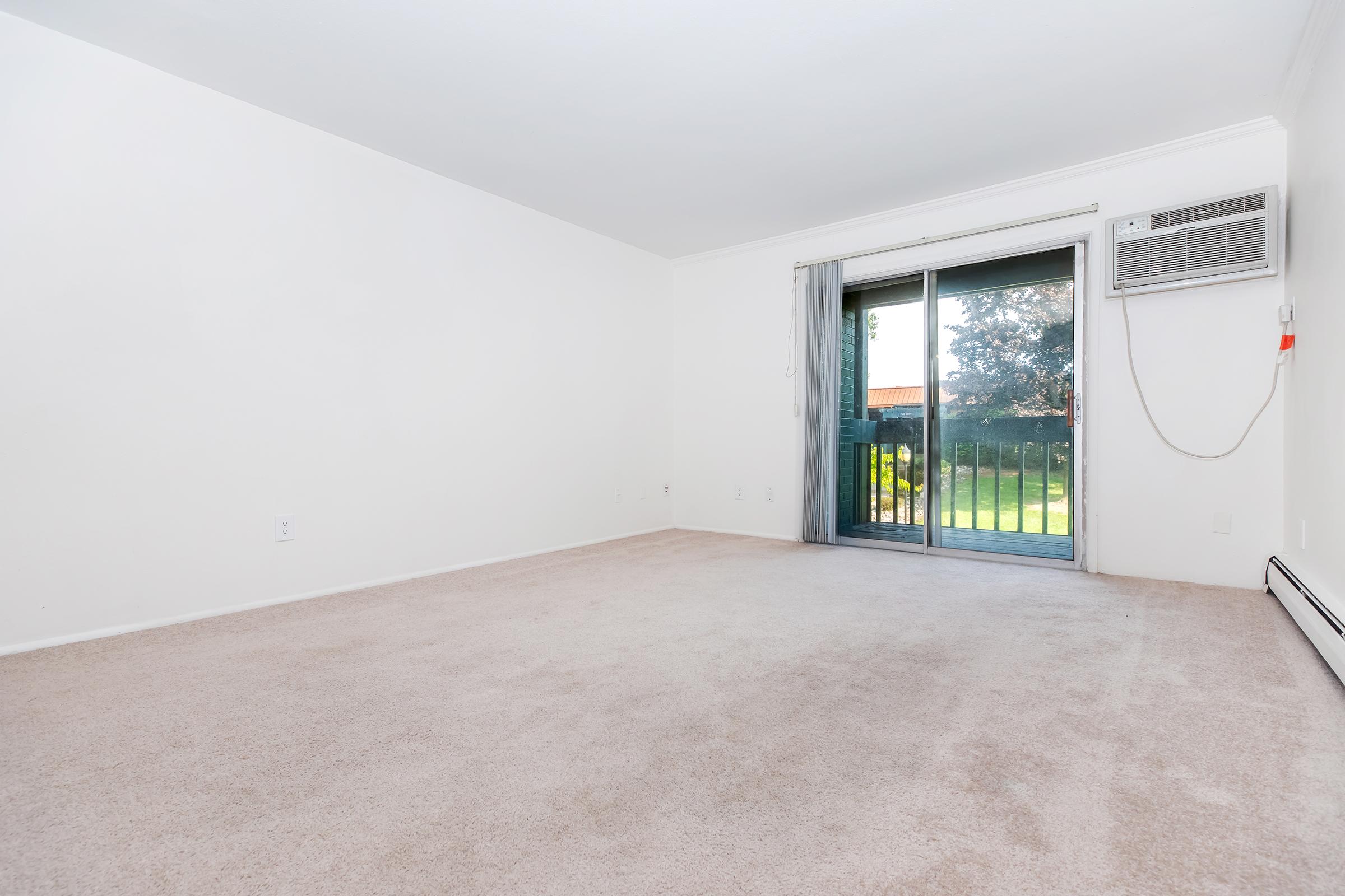 A spacious, unfurnished living room with beige carpet and white walls. A large sliding glass door leads to a balcony with greenery visible outside. An air conditioning unit is mounted on the wall to the right. The room appears bright and well-lit, offering a minimalist, open layout.