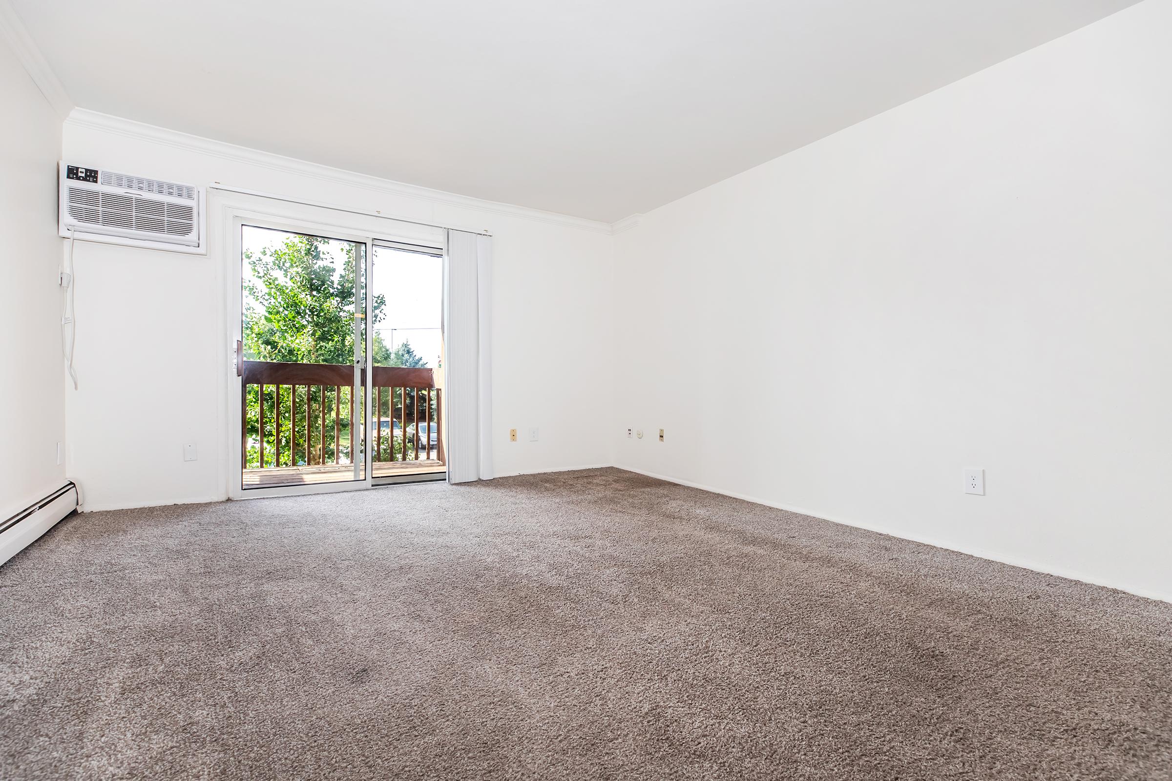 A spacious, empty living room featuring light-colored walls and plush, gray carpet. A sliding glass door leads to a small balcony, allowing natural light to enter the room. An air conditioning unit is installed in the wall on the left side.