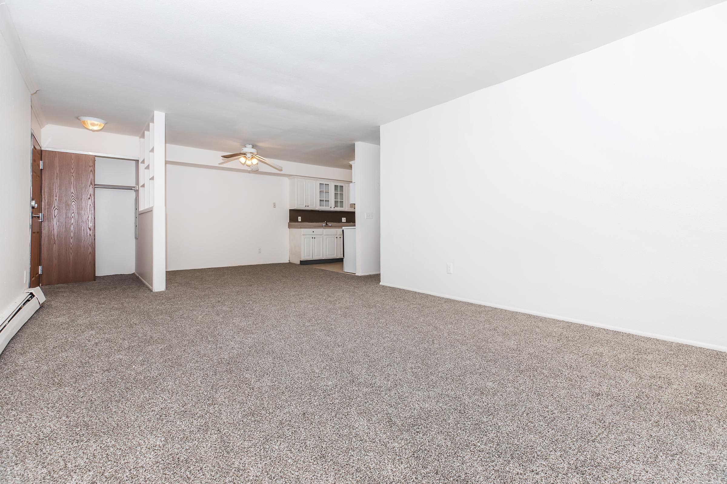 Empty room with beige carpet, featuring white walls and a ceiling fan. On one side, there’s a brown door and a closet. In the background, a kitchen area with light cabinetry is partially visible. The space is well-lit and ready for furniture arrangement.