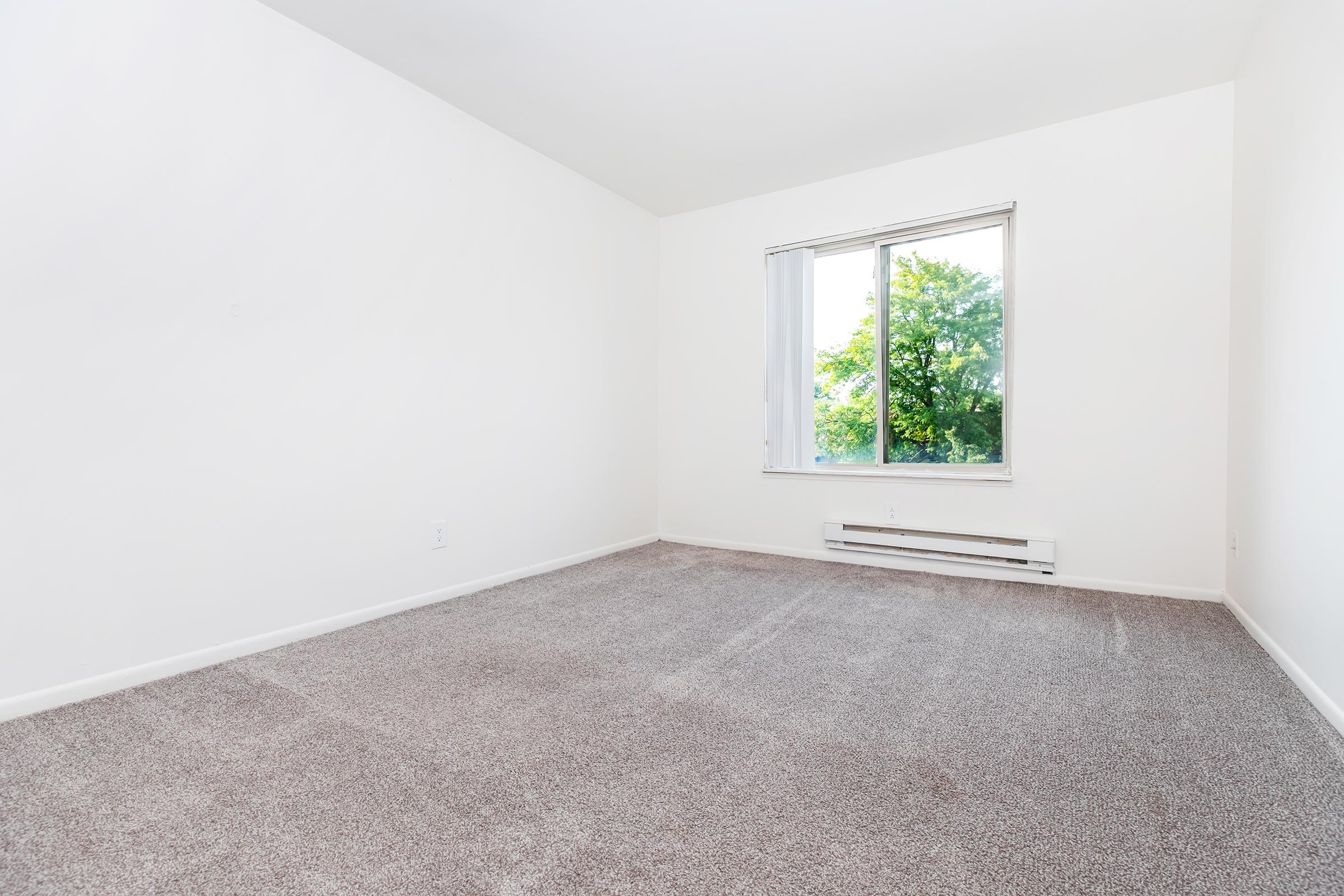 Empty room with light-colored walls and a large window allowing natural light to enter. The floor is covered with light gray carpet. There are no furniture or decorations present, creating a spacious and minimalistic atmosphere.