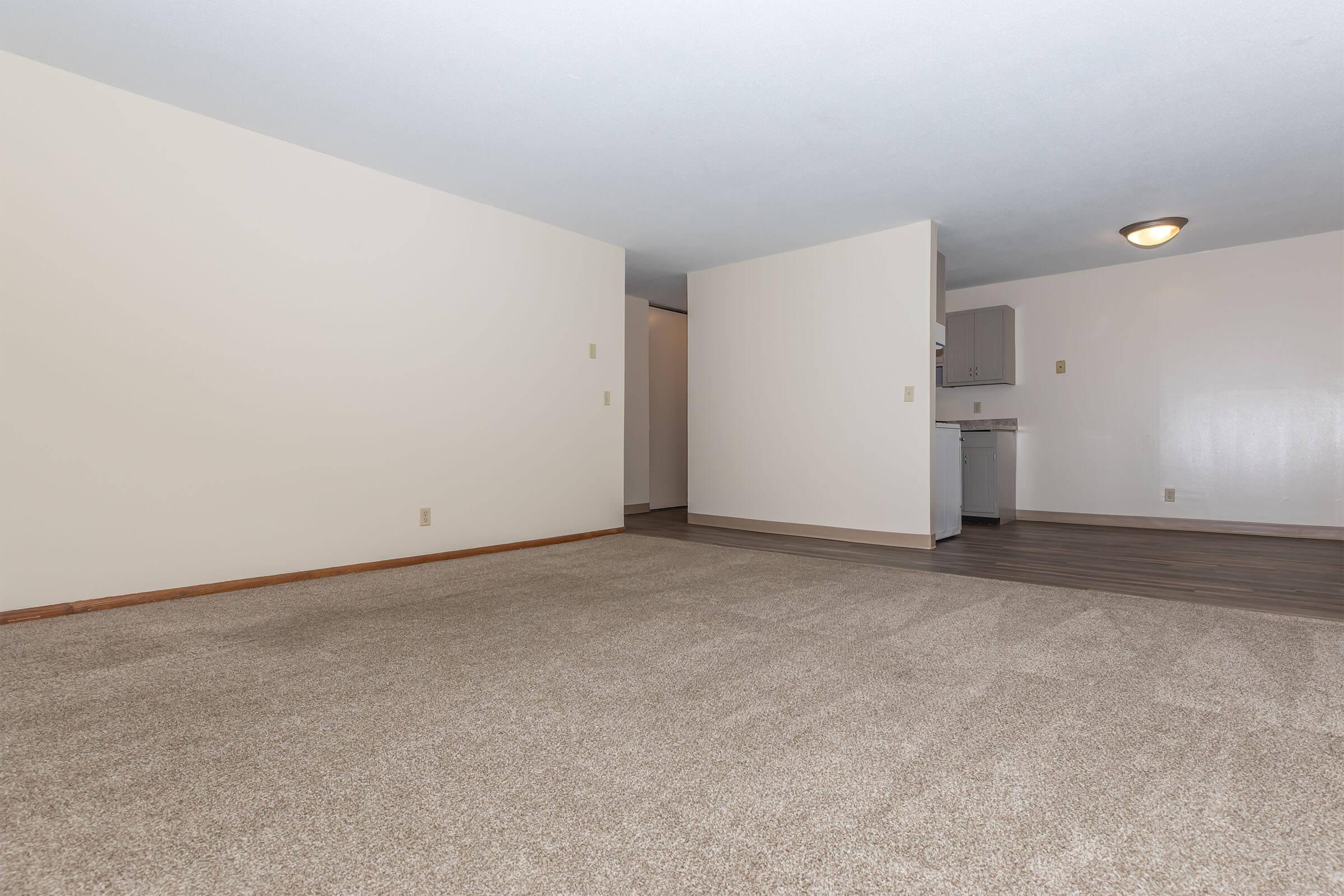 A spacious, empty living room with beige carpet and light-colored walls. In the background, a doorway leads to a small kitchen area, which features gray cabinets. The lighting is soft and there's a ceiling light fixture visible, adding brightness to the room.