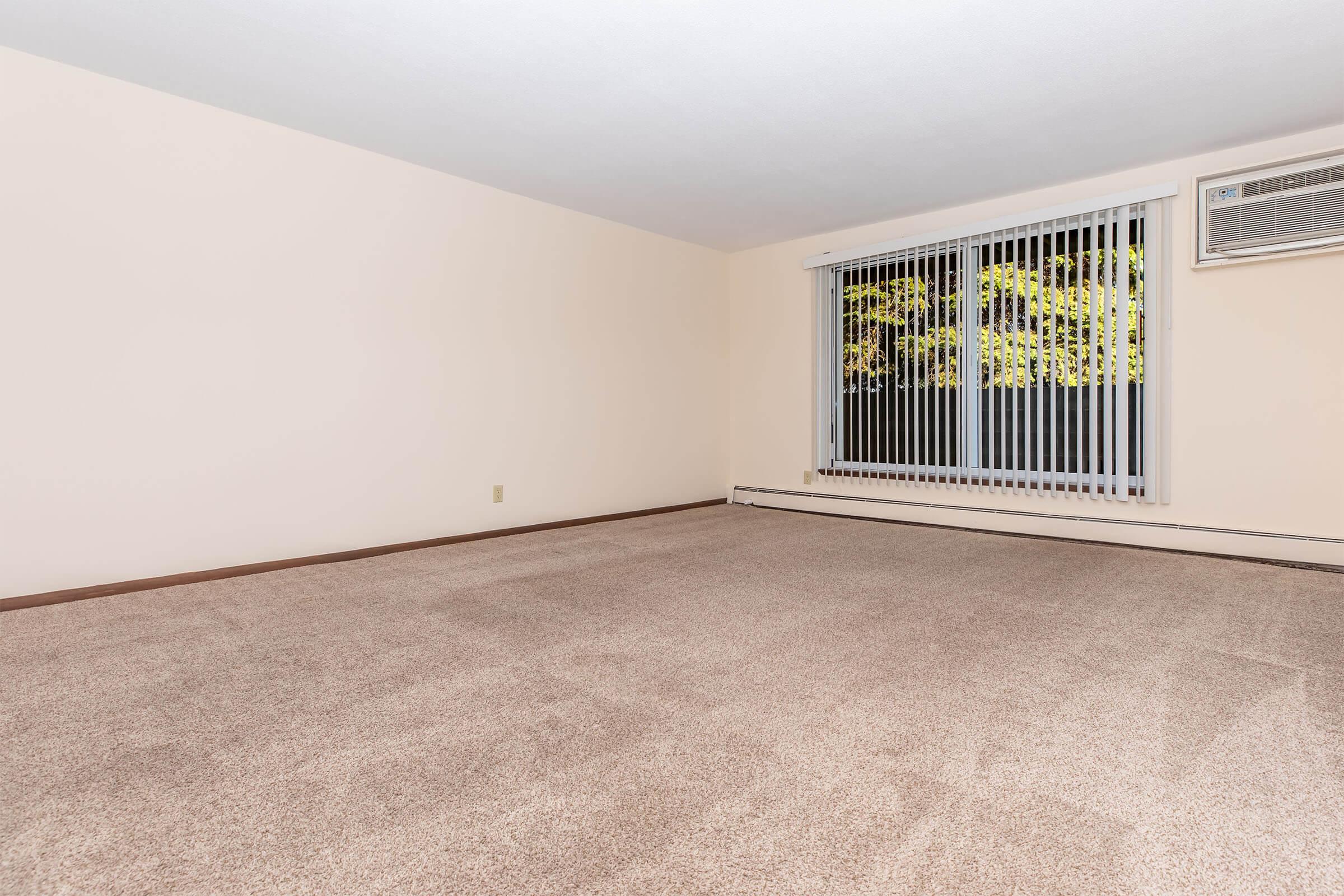 A spacious, empty room with light beige walls and soft, brown carpet. Large windows with vertical blinds allow natural light to enter, showcasing greenery outside. An air conditioning unit is mounted on the wall, adding to the room's comfort. The overall atmosphere is clean and inviting.