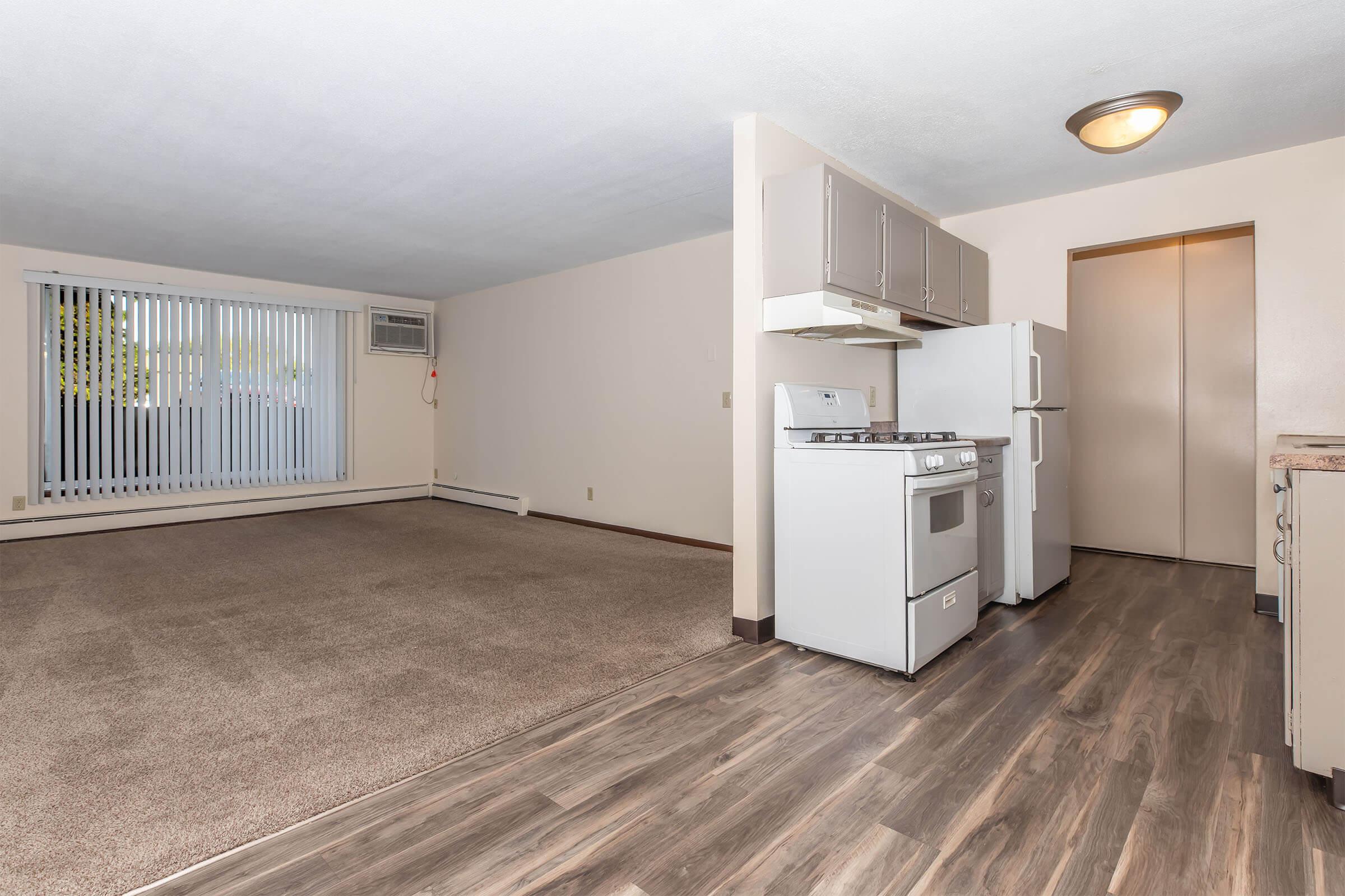 A spacious, well-lit living area featuring carpeted flooring and a kitchen with modern appliances. The kitchen includes a gas stove and a refrigerator, while large windows provide natural light. There is an air conditioning unit visible on the left side and a door leading to another room.