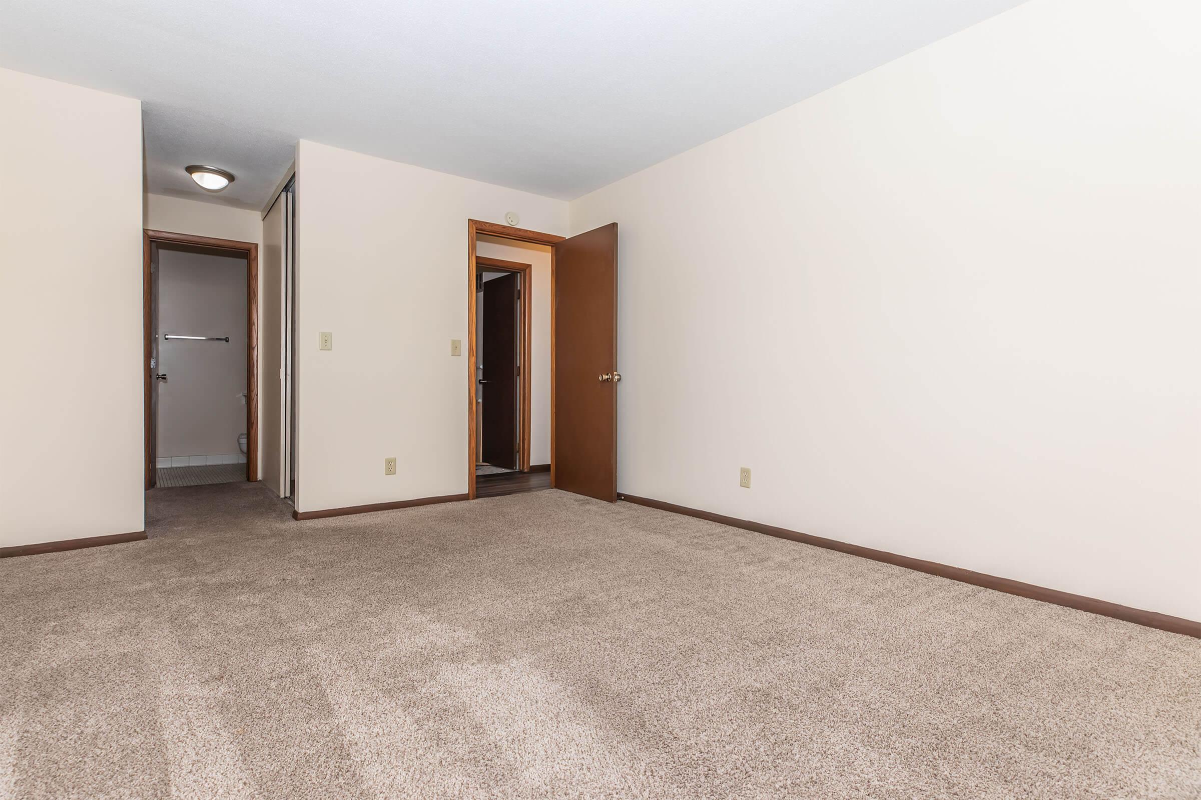 A spacious, empty room featuring beige carpet and light-colored walls. There are two doorways leading to other rooms, one with a light fixture visible on the ceiling. The overall ambiance is bright and minimalistic, offering a blank canvas for decoration.