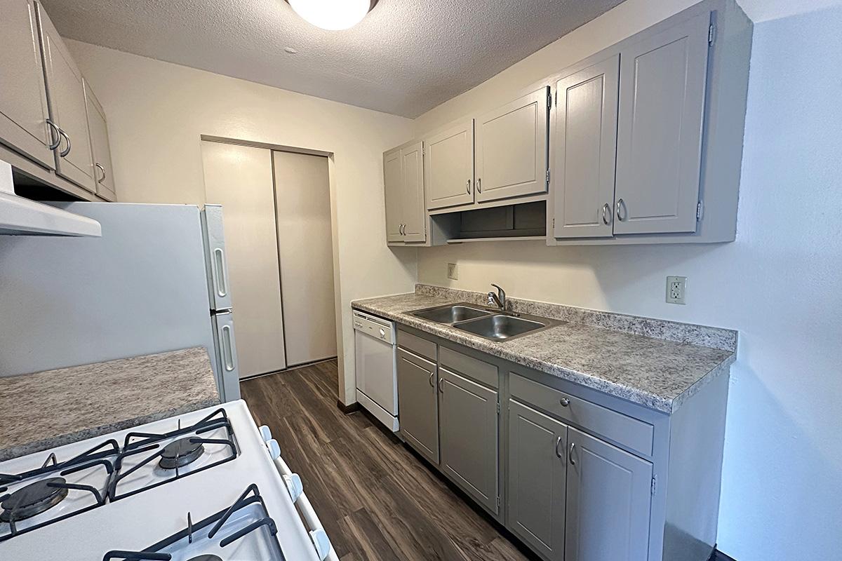 a kitchen with a stove sink and refrigerator