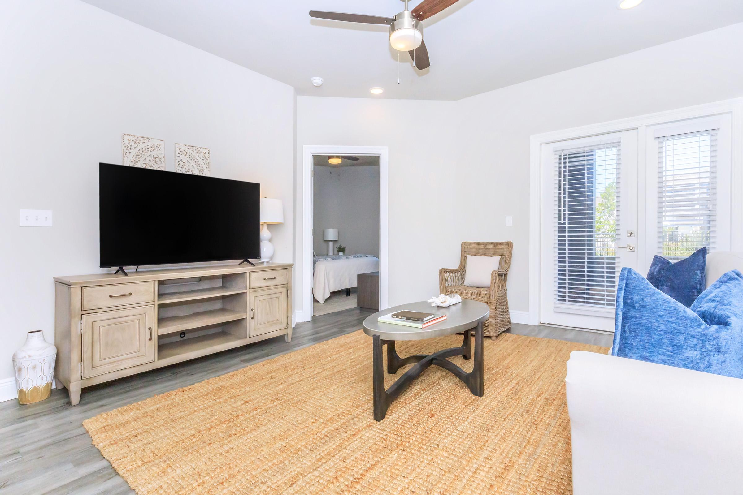 Bright and modern living room featuring a large flat-screen TV on a wooden console, a comfortable light-colored sofa, and a blue accent chair. A round coffee table sits on a woven rug, and large windows provide natural light, creating an inviting atmosphere.