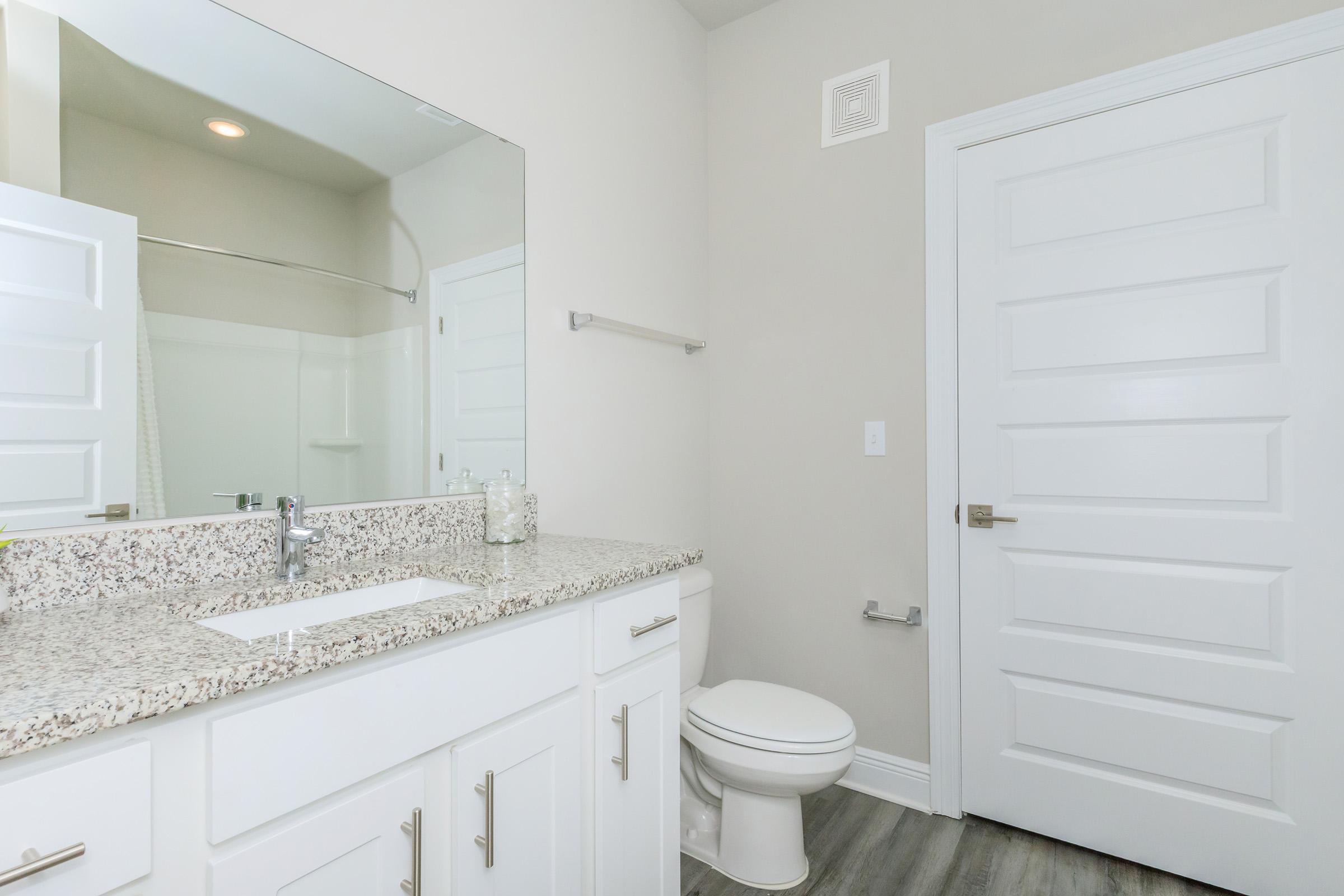 Modern bathroom featuring a large mirror above a granite countertop with a sink, white cabinetry, and a toilet. The walls are painted in a light color, and there's a shower visible through a glass door. The flooring is a light wood design, enhancing the contemporary look of the space.