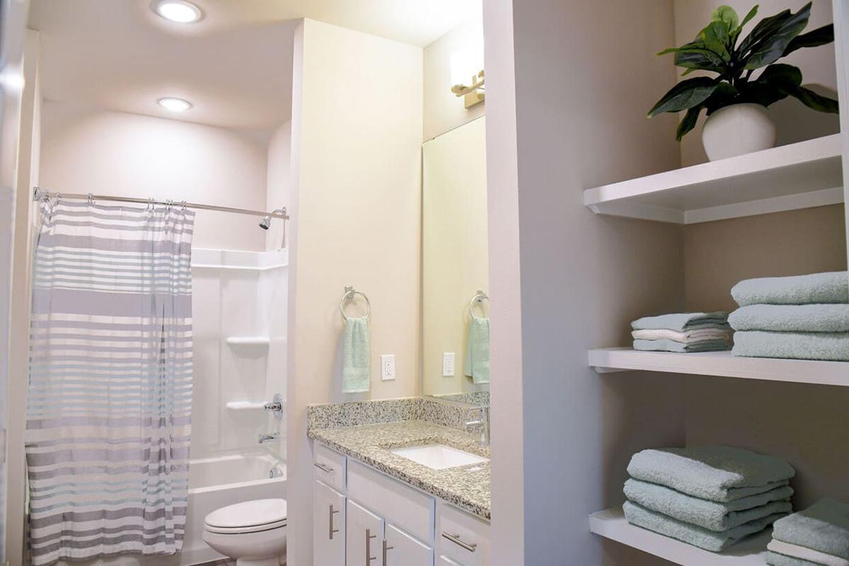 A clean and modern bathroom featuring a shower with a striped curtain, a granite countertop with a mirror, and neatly arranged light blue towels on shelves. A potted plant adds a touch of greenery to the serene atmosphere. The walls are painted in a soft neutral tone, creating a bright and inviting space.