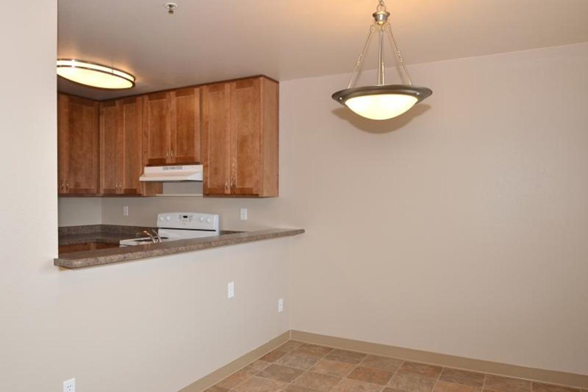 a kitchen with a sink and a mirror