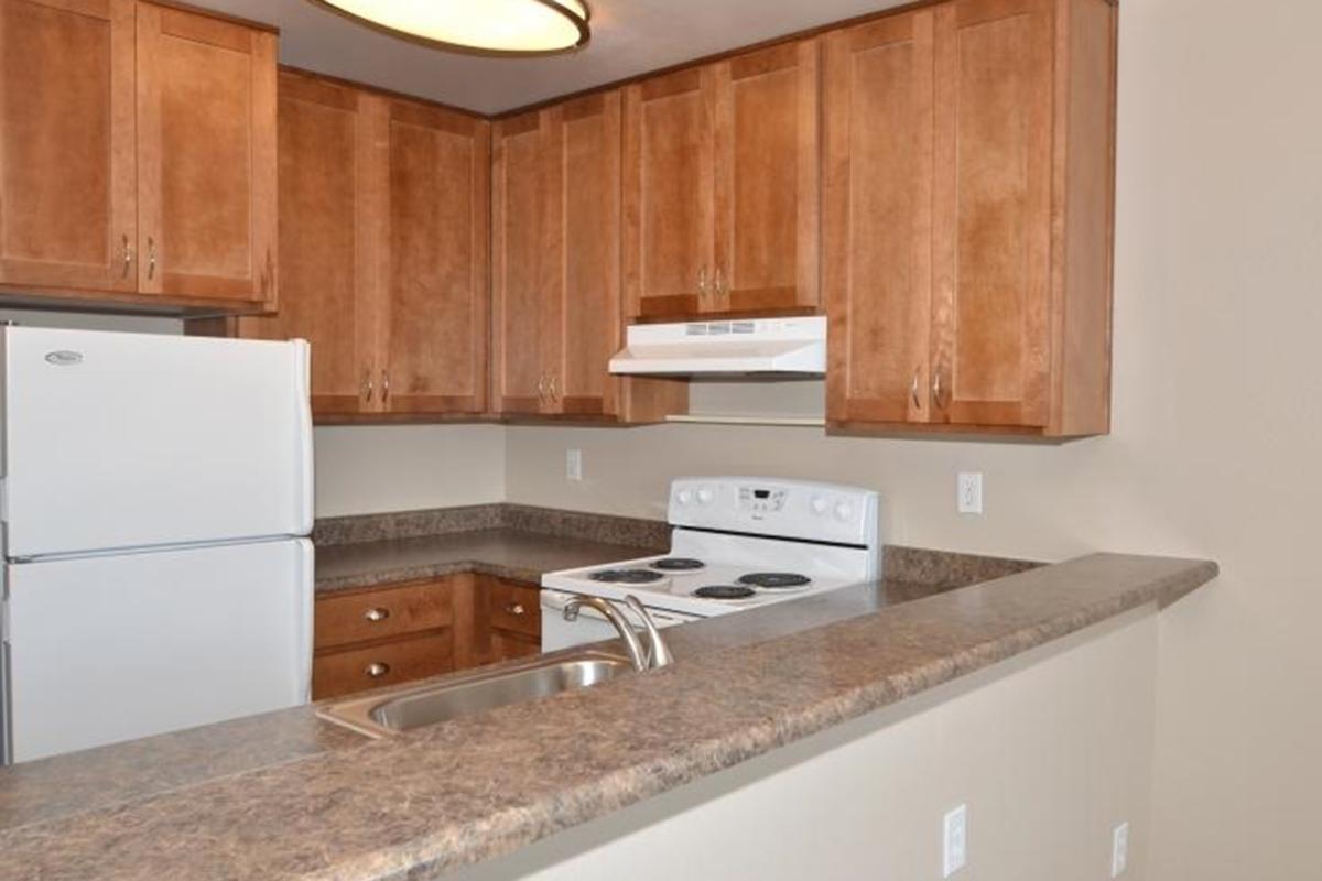 a kitchen with stainless steel appliances and wooden cabinets