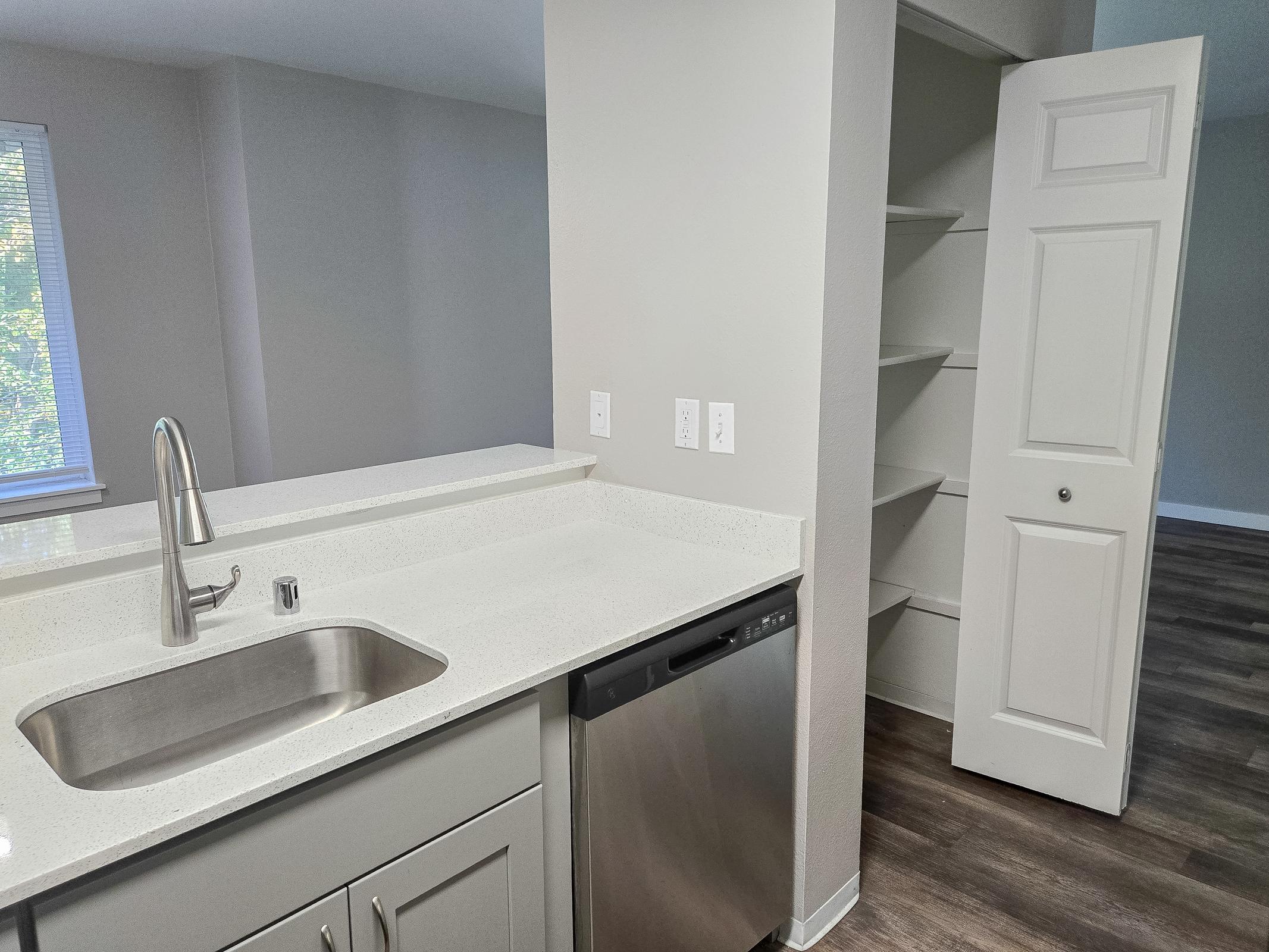 Modern kitchen with a stainless steel sink and dishwasher, featuring light gray cabinets and a white countertop. A pantry door is partially open, revealing built-in shelves. The space is brightened by natural light coming through a nearby window, showcasing a welcoming and functional layout.