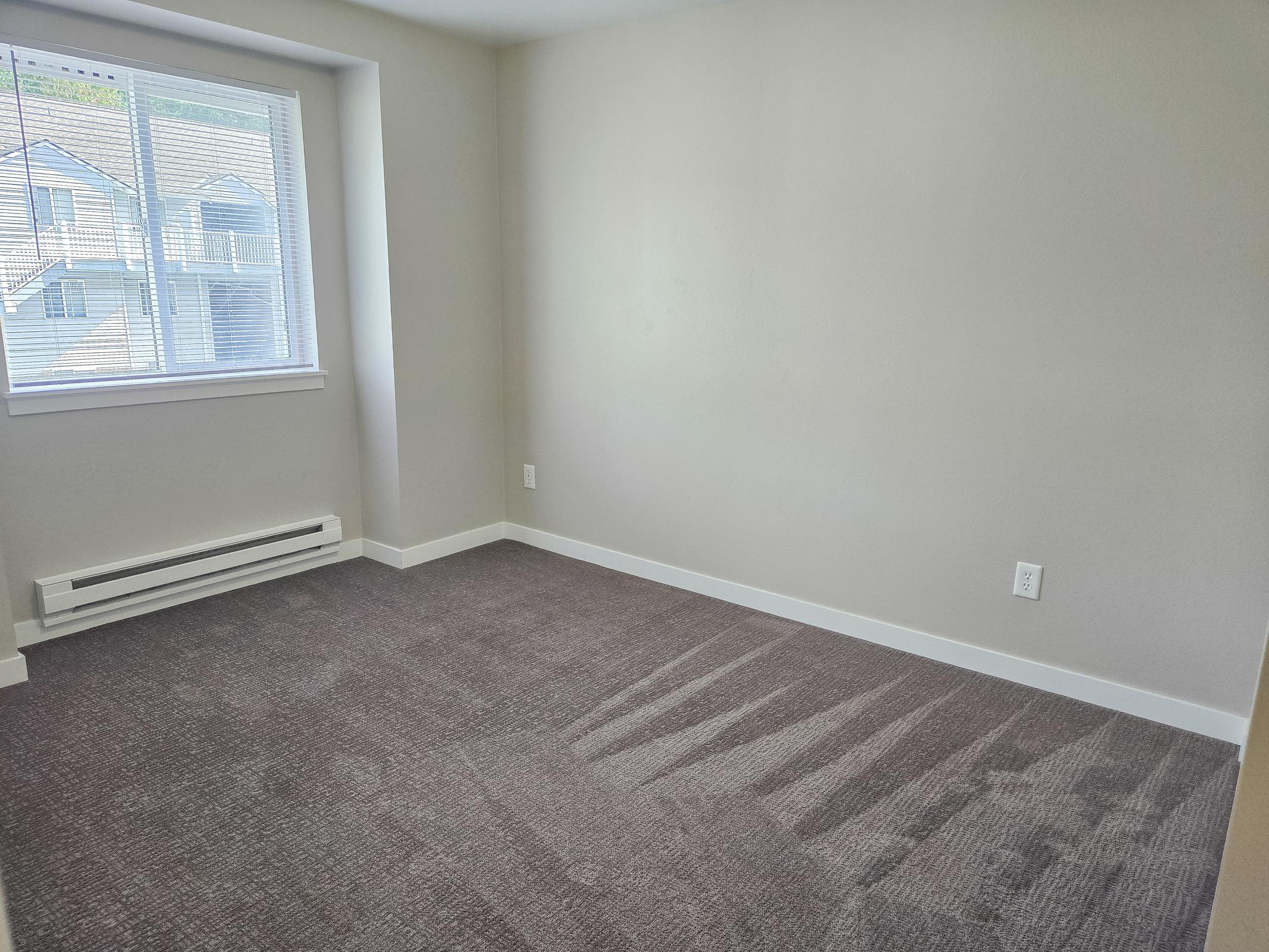 Empty room with light-colored walls and a large window letting in natural light. The floor is covered with a light gray carpet, and there is a white baseboard heater beneath the window. The overall ambiance is bright and spacious.