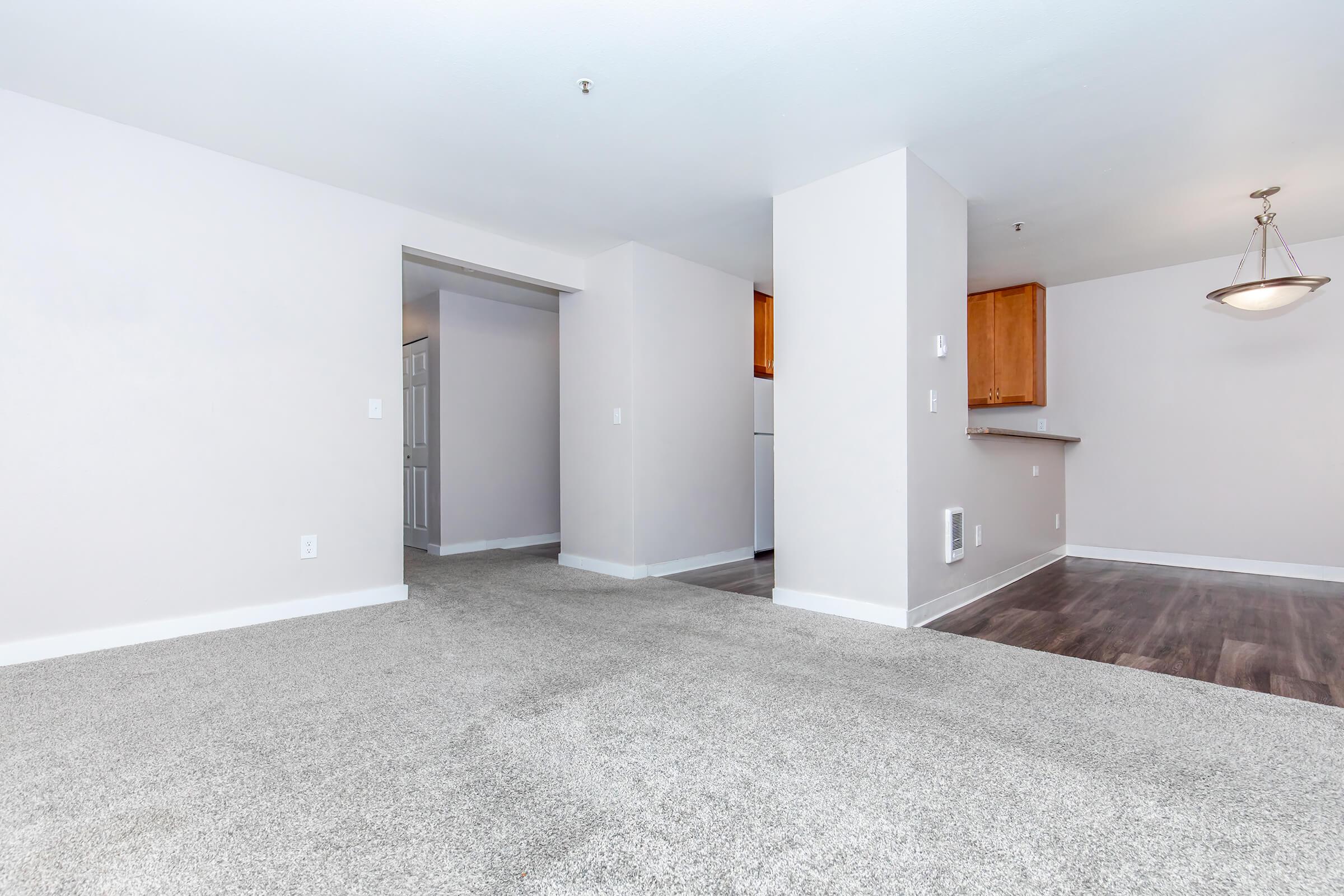 A spacious interior view of a light-colored living area featuring soft gray carpet, a doorway leading to another room, and a small kitchen with wooden cabinets in the background. Natural light illuminates the area, creating a welcoming atmosphere.