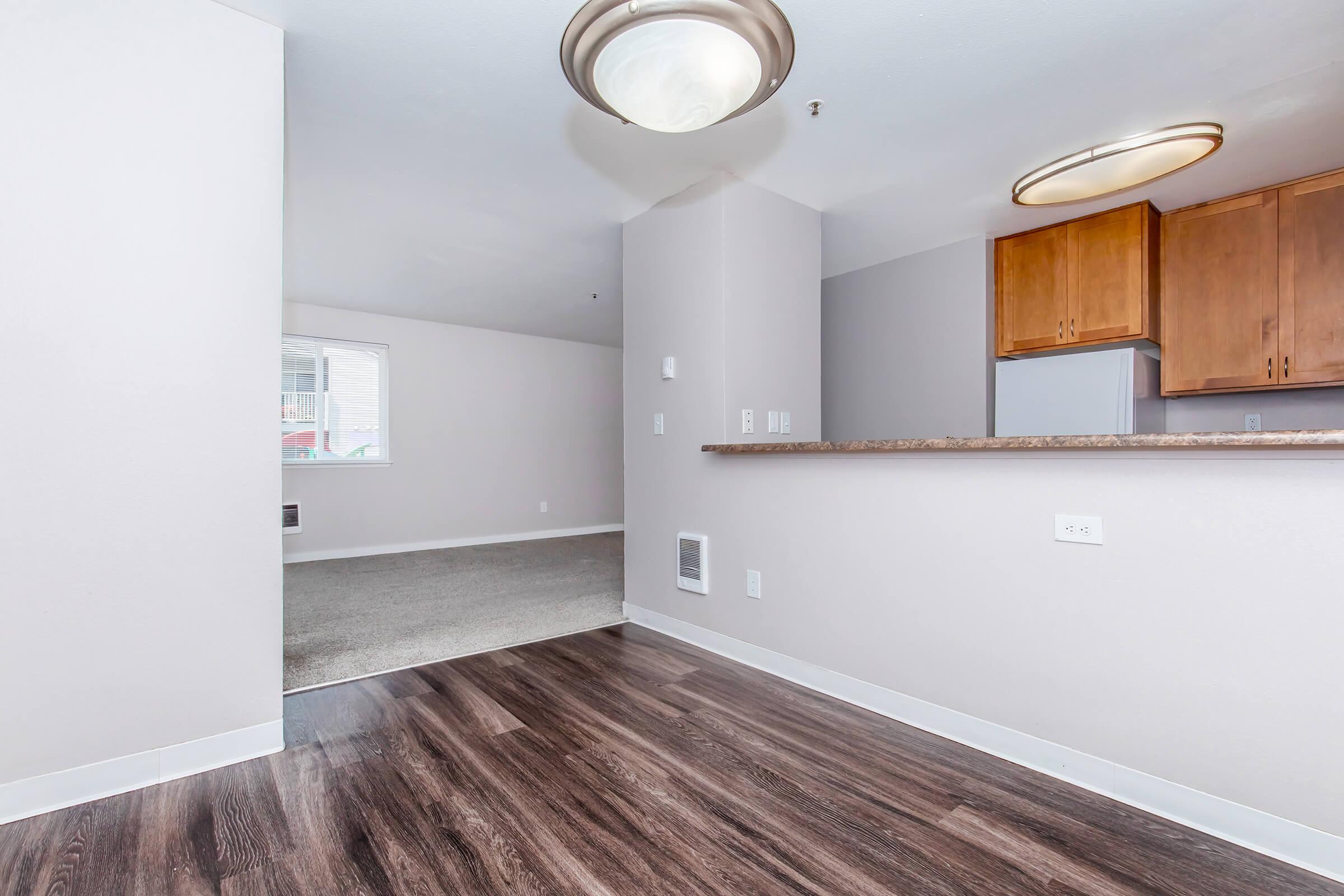 Interior view of an apartment featuring a spacious living area with large windows, carpeted flooring, and a modern kitchen with wooden cabinets. The entrance showcases sleek, dark wood flooring and a ceiling light fixture. The layout suggests a welcoming environment with natural light.