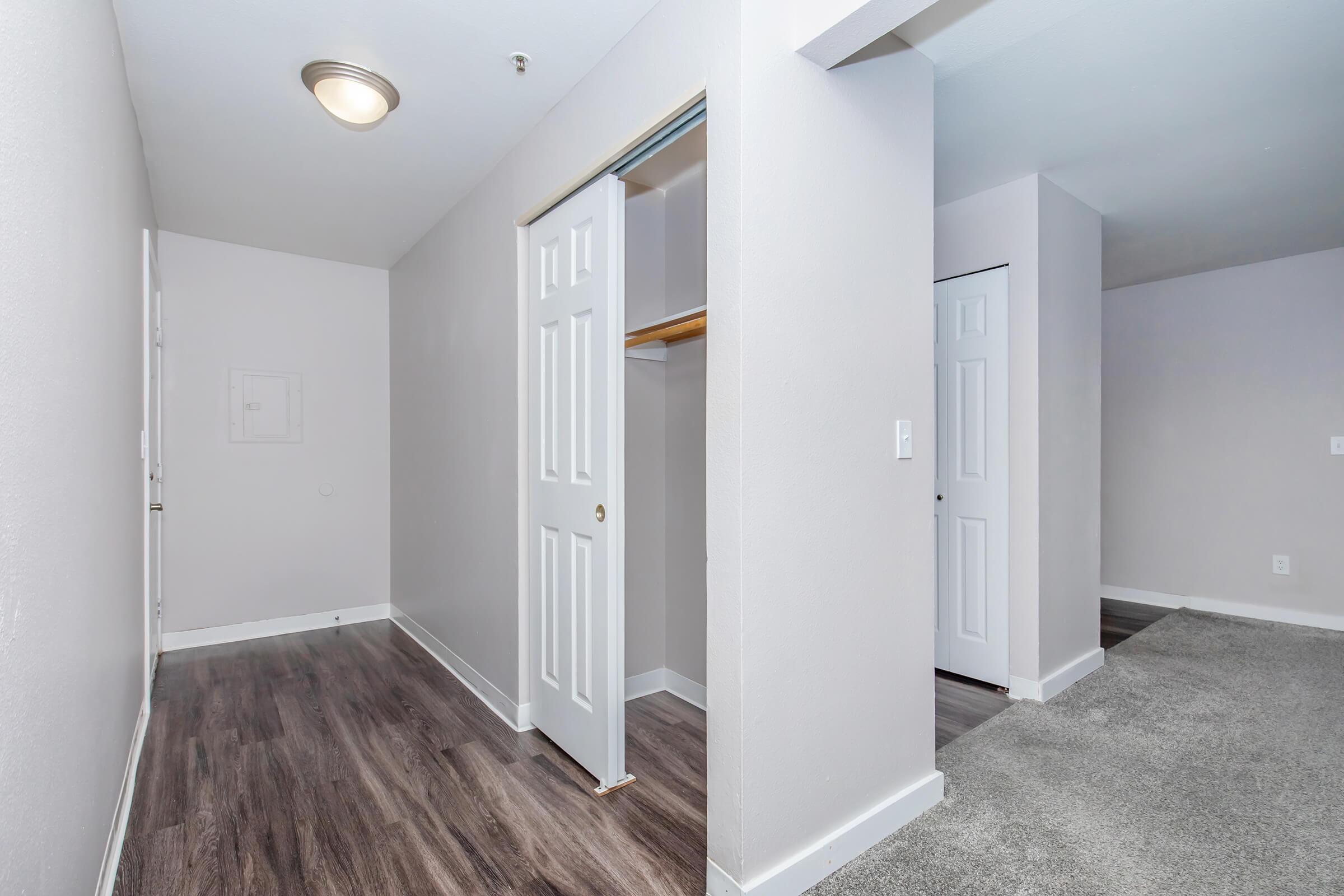 A view of an interior hallway featuring light gray walls, a ceiling light fixture, and wood-like flooring. On the left, there's an open closet with double doors. On the right, another doorway leads to a room with gray carpeting. The overall aesthetic is modern and minimalistic.