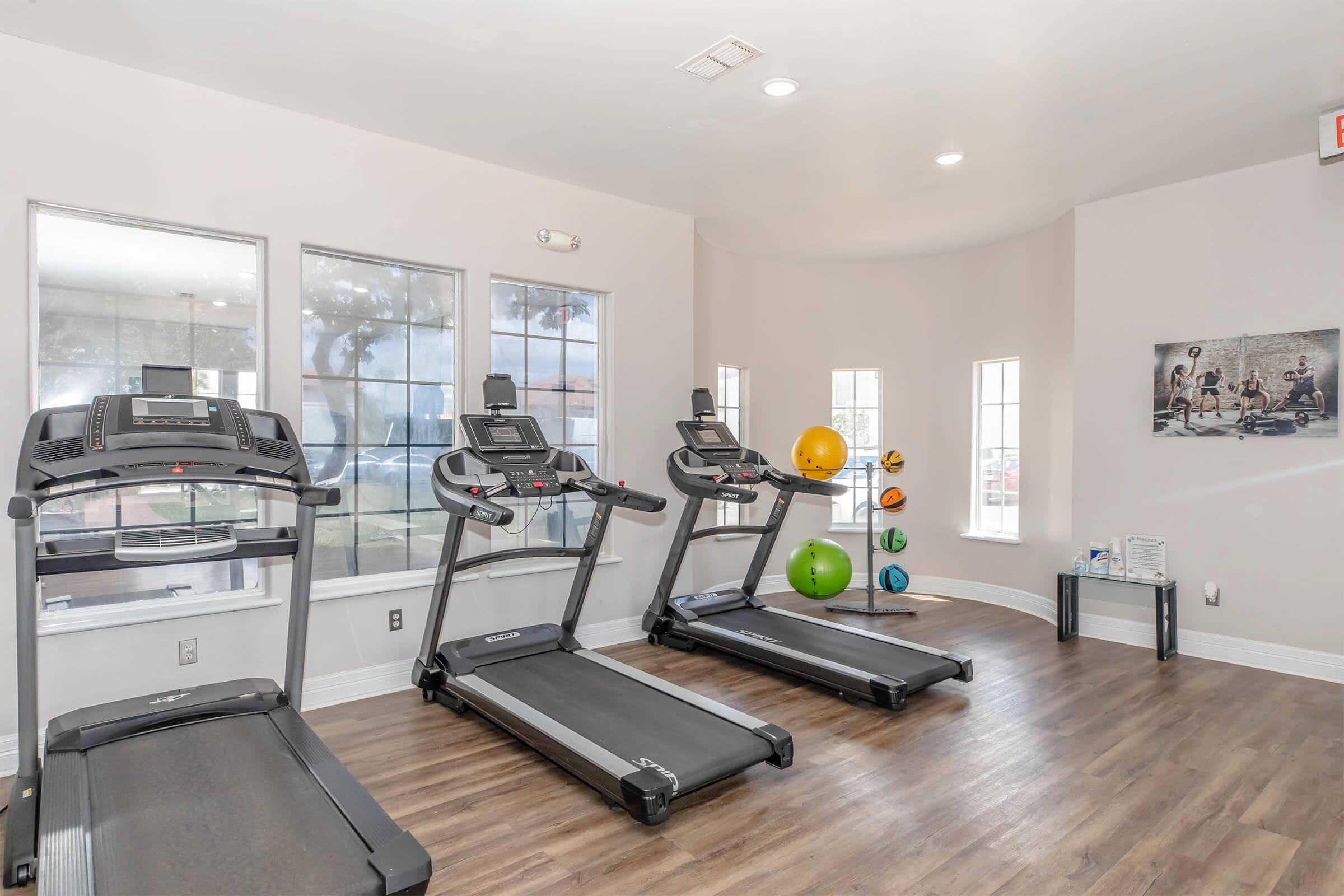 A modern gym interior featuring three treadmills, large windows allowing natural light, and a wall-mounted artwork. Additionally, colorful exercise balls are displayed, and a small table with fitness materials is present in the corner of the room. The flooring is wooden, creating a warm atmosphere.