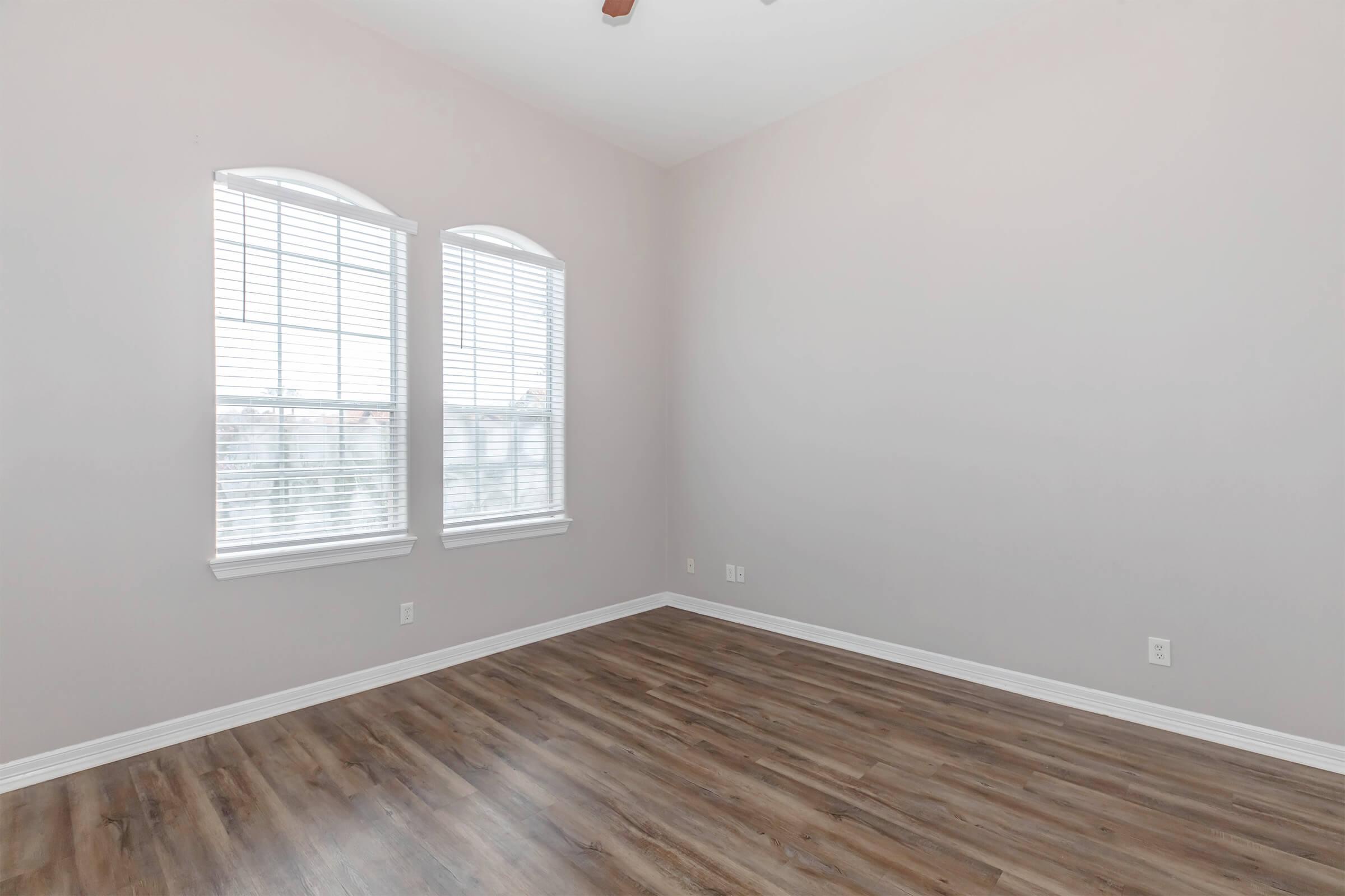 Empty room featuring light-colored walls and wooden flooring. Two large arched windows on the left let in natural light, casting shadows on the floor. The space is unfurnished, creating a clean and open atmosphere.