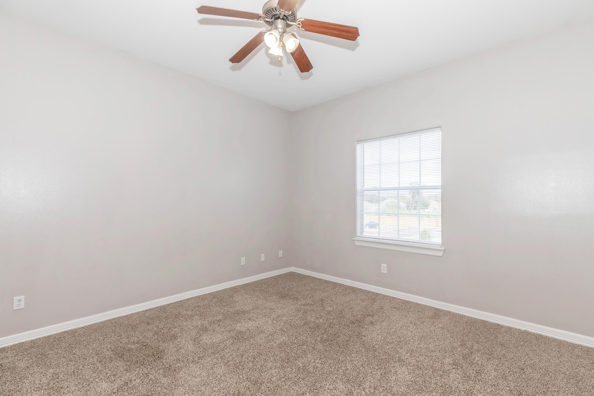 Empty room with light gray walls and a light brown carpet. A ceiling fan with wooden blades is mounted on the ceiling. There's a window with blinds that allows natural light to enter the space. The room appears spacious and uncluttered.