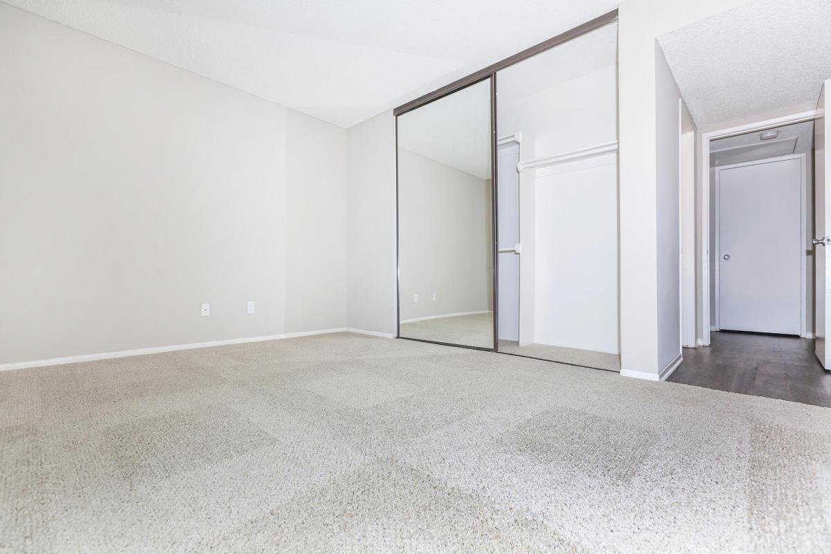 Carpeted bedroom with sliding glass mirror closet doors