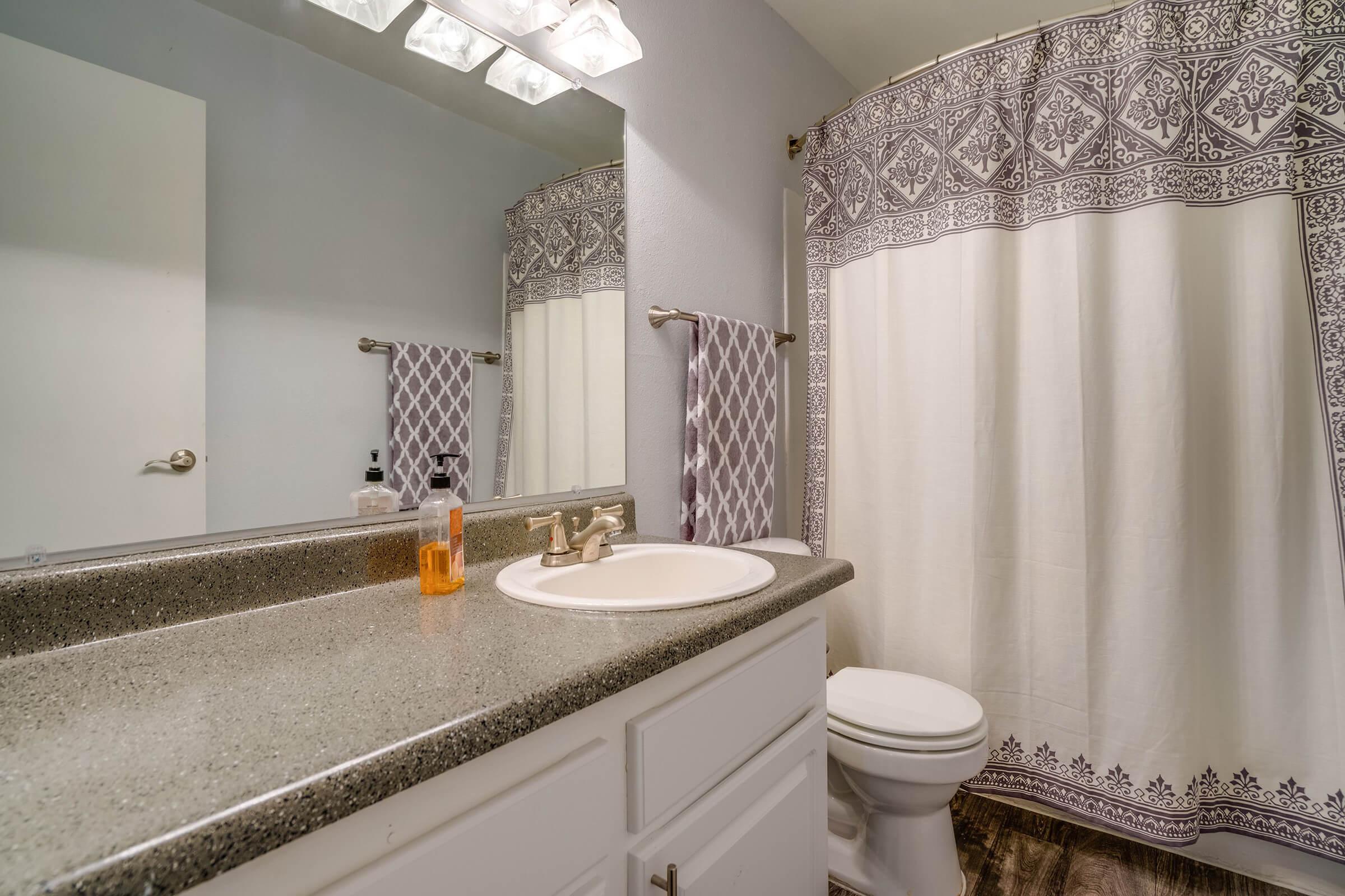 a shower curtain next to a sink