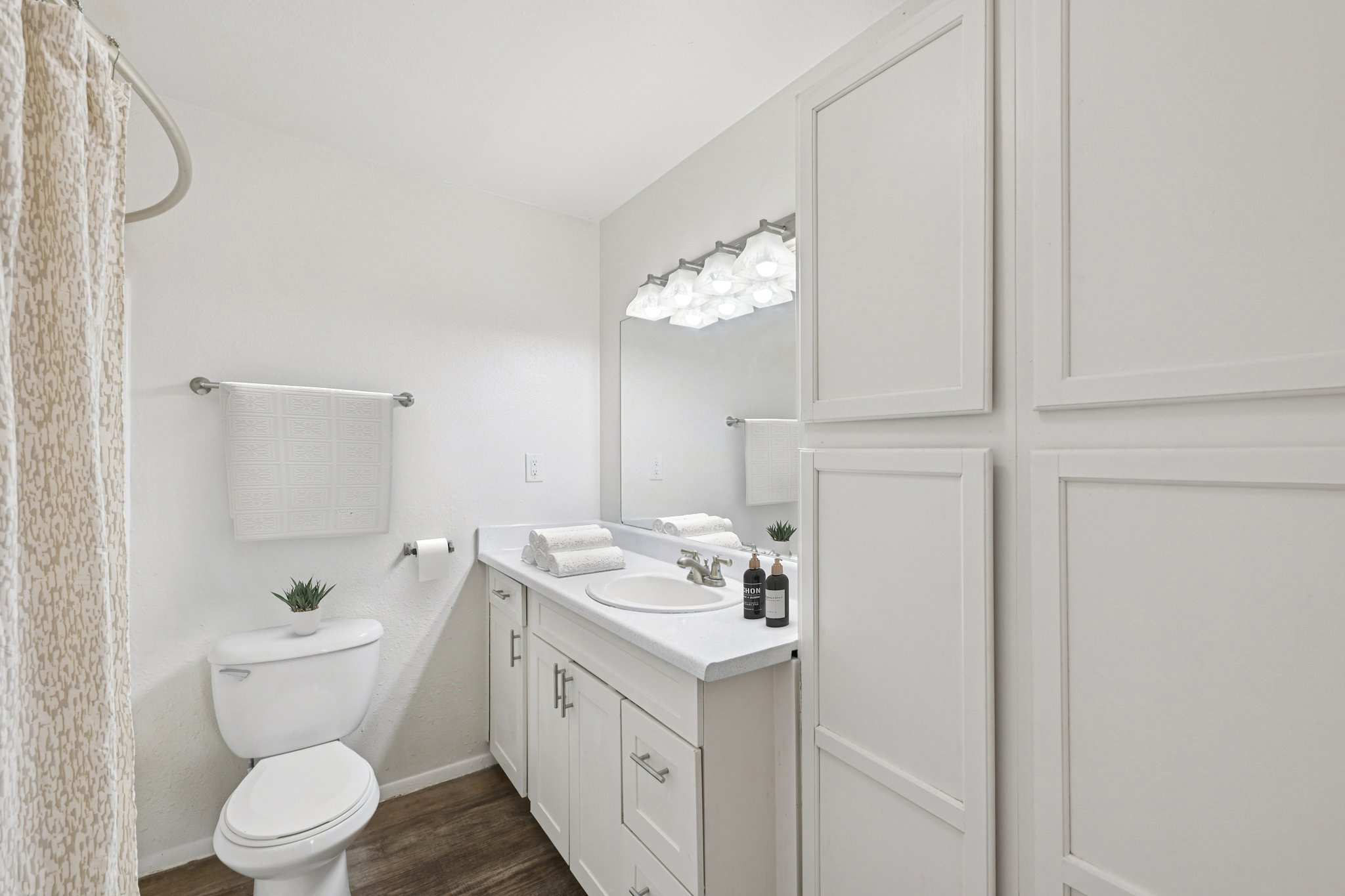 A clean, modern bathroom featuring a white toilet, a sink with a countertop, and a large mirror with decorative lighting. The walls are painted white, and there are neatly rolled white towels on the counter. A small plant adds a touch of greenery. A shower curtain is partially visible on the left.