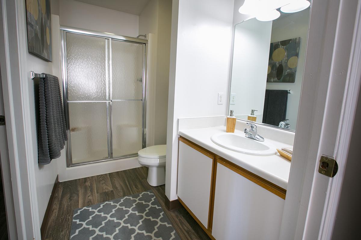 a room with a sink and a mirror