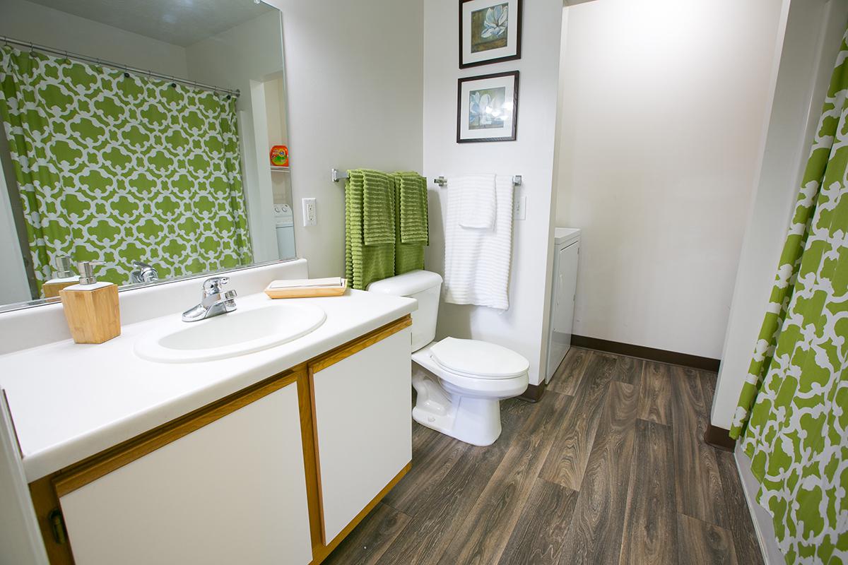 a room with a sink and a mirror