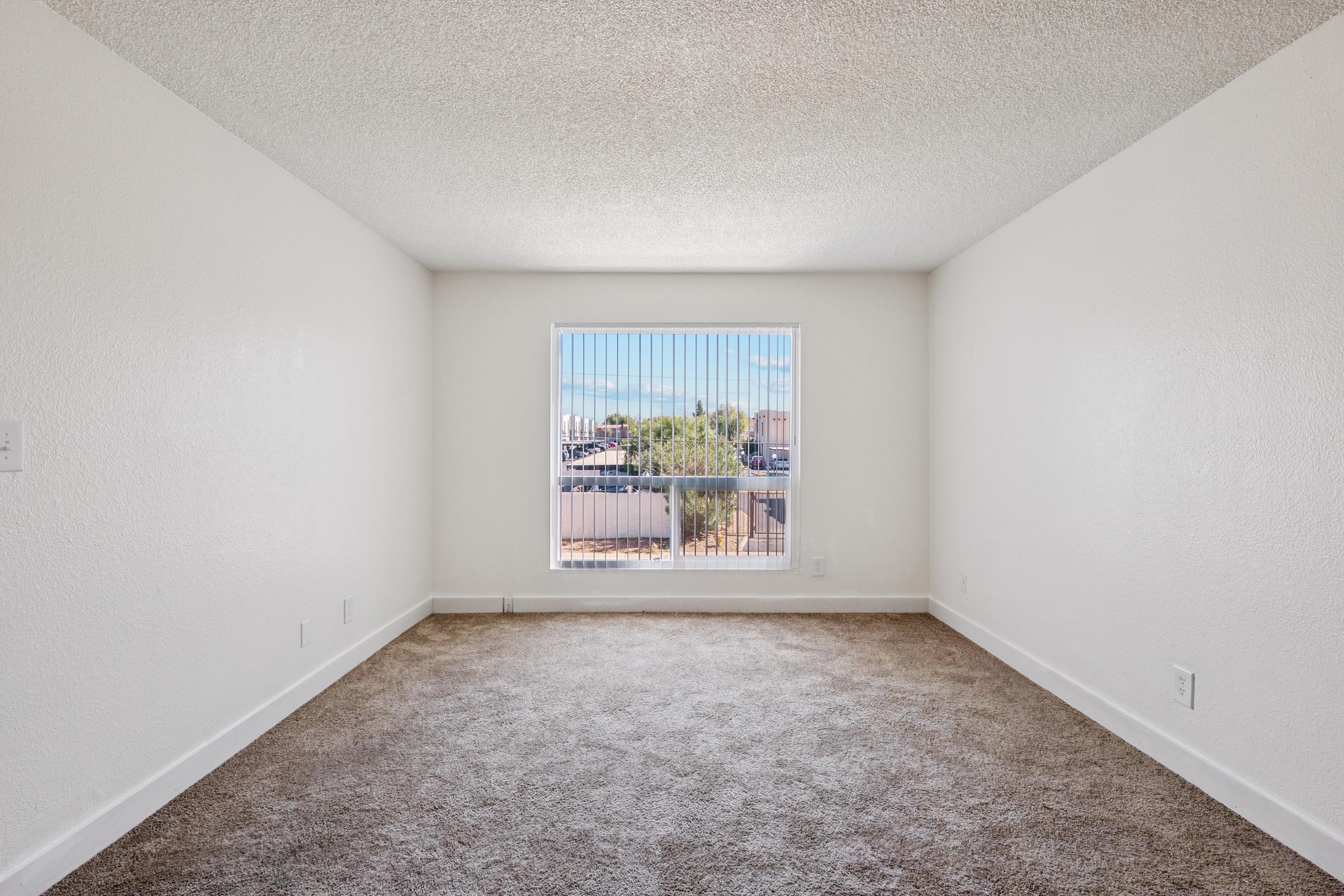 Empty interior room with beige carpet and white walls, featuring a large window with vertical blinds that offers a view of the outdoors. The space is well-lit, showcasing a clean, minimalistic design.