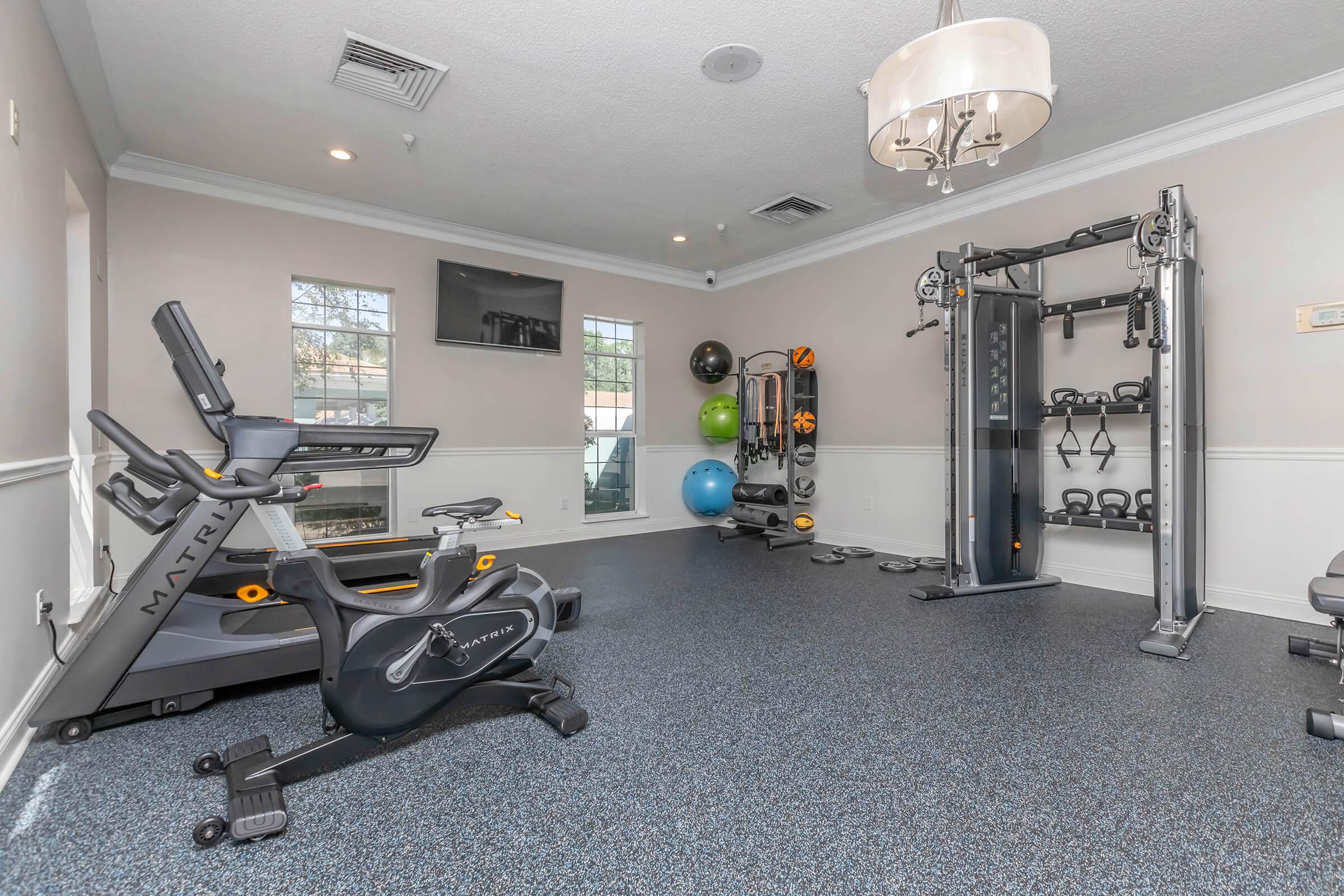 A modern gym interior featuring exercise equipment including a stationary bike, a multi-functional weight machine, kettlebells, stability balls, and a TV. The space has carpeted flooring and is well-lit with windows allowing natural light, complemented by a decorative chandelier.