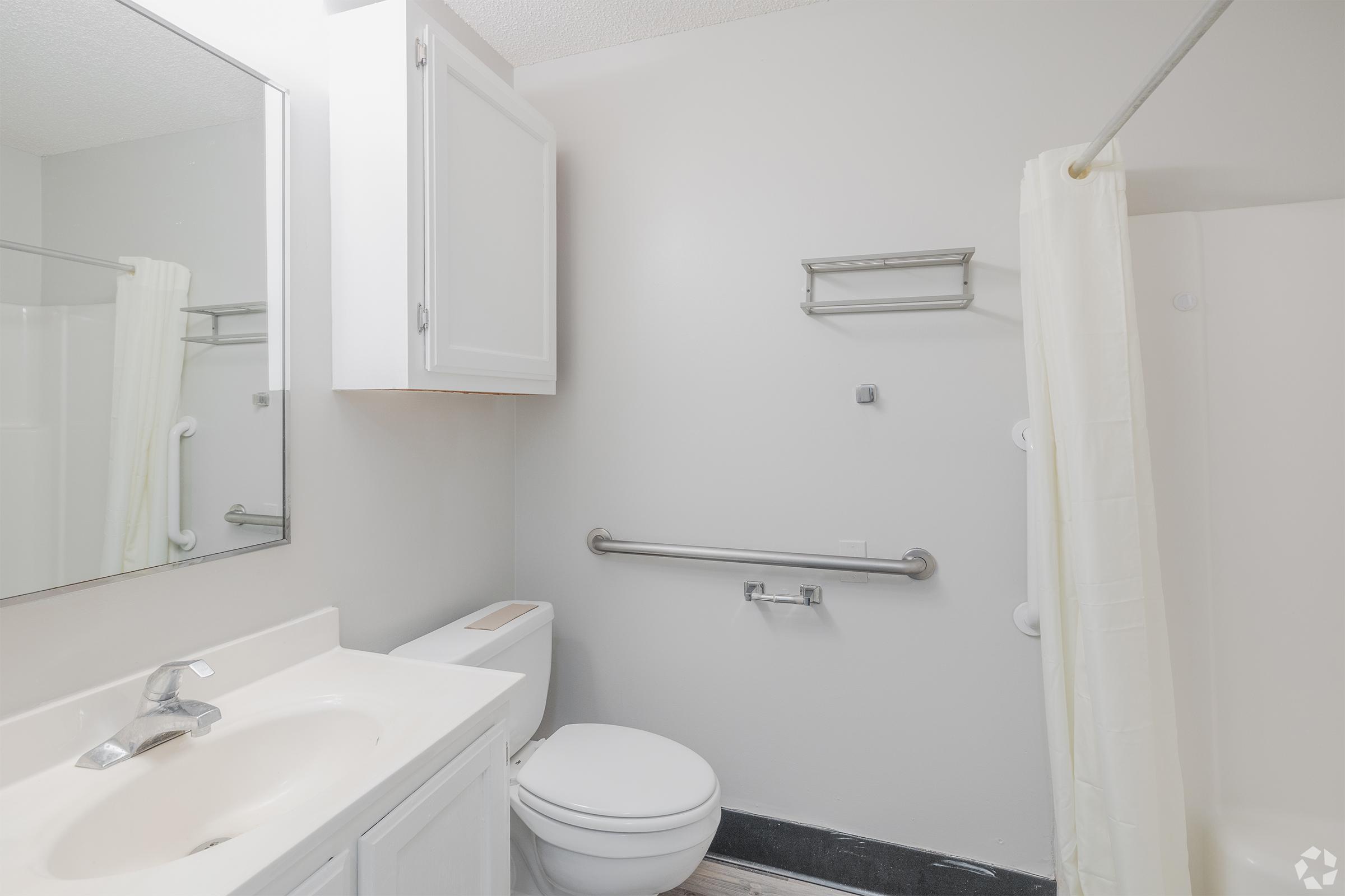 A clean and modern bathroom featuring a white sink with a faucet, a toilet, grab bars for accessibility, a shower with a curtain, and a mirror above the sink. The walls are light gray, and there is a cabinet for storage, creating a bright and functional space.