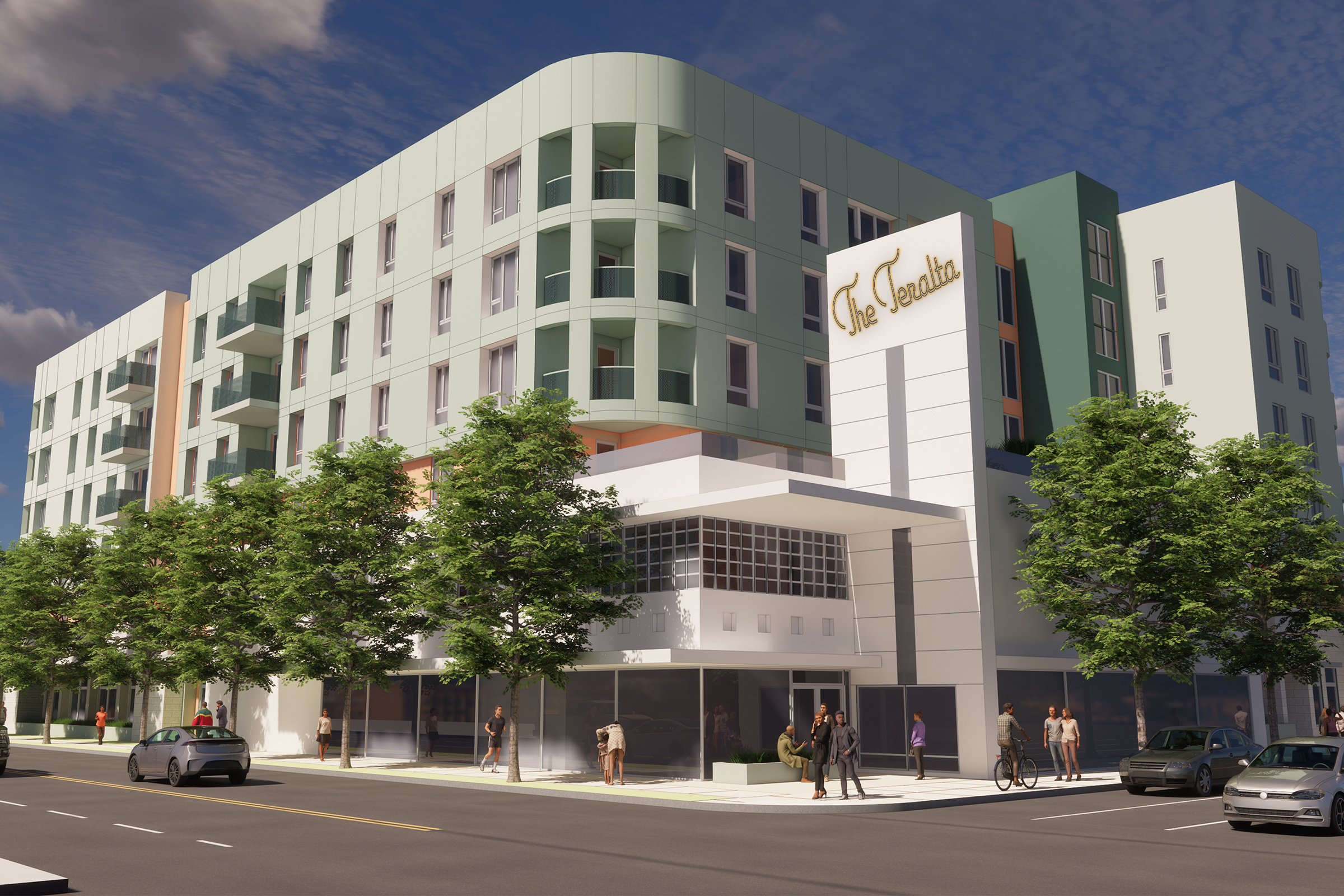 The generated text is: A modern multi-story building with a light green facade, featuring large windows and a prominent sign that reads "The Teralta." The ground floor has a glass entrance and is surrounded by trees. People are gathered nearby, and cars are parked along the street. The sky is partly cloudy.