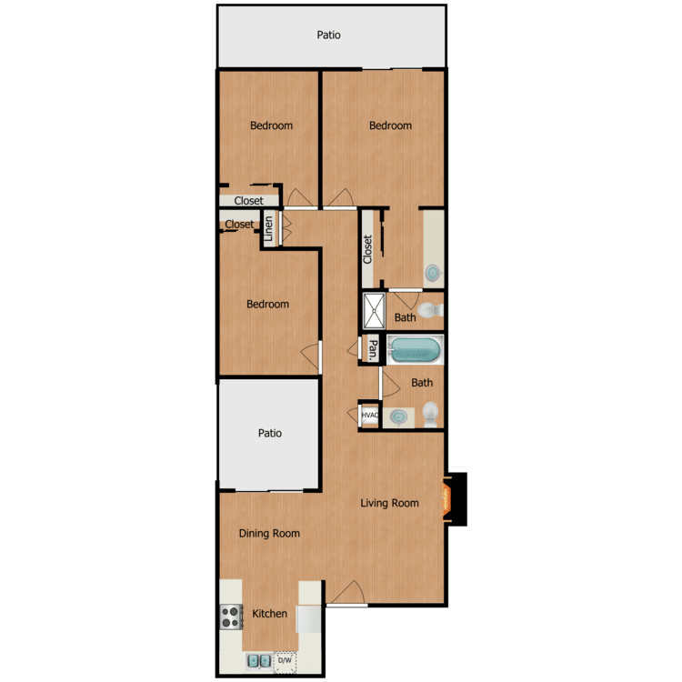 Plan 3, a 3 bedroom 2 bathroom floor plan.