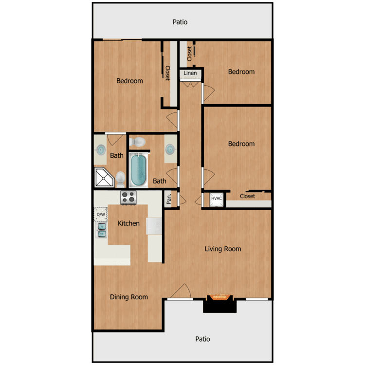 Plan 4, a 3 bedroom 2 bathroom floor plan.