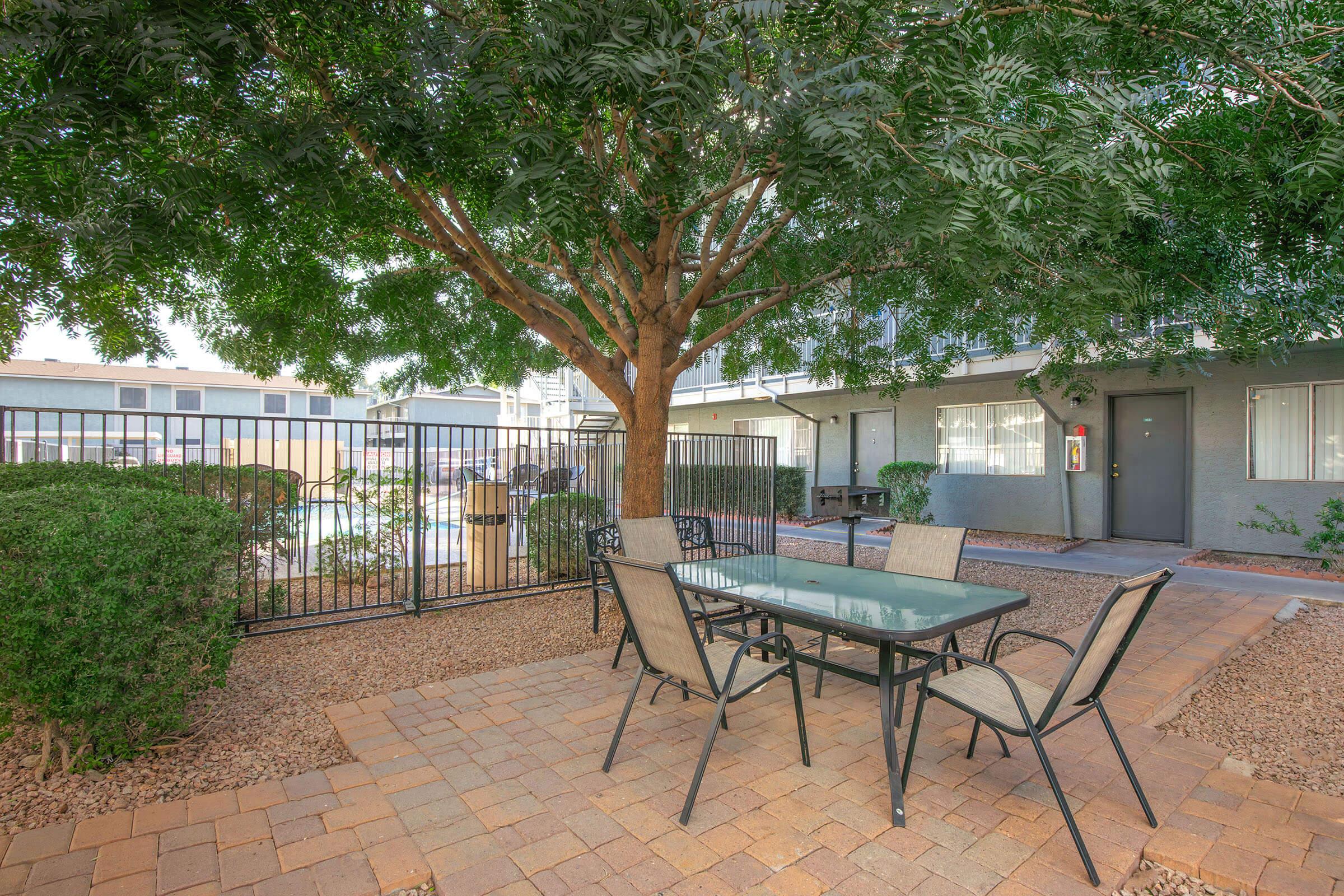 A cozy outdoor patio featuring a glass table surrounded by black metal chairs, shaded by a large tree. Paved with square stones, the area includes low hedges and a fenced perimeter, with buildings visible in the background, creating a peaceful and inviting atmosphere.