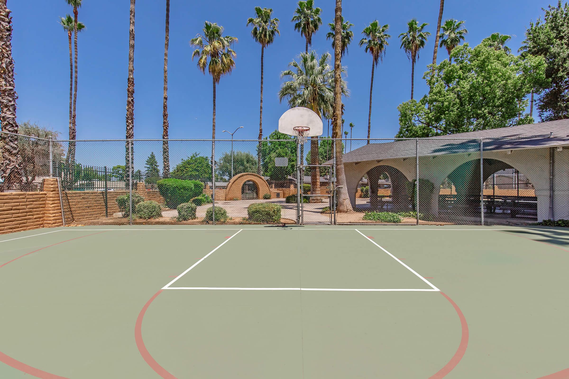 A basketball court with a hoop in the foreground, surrounded by palm trees and greenery. Behind the court, there are arches and shaded areas, indicating a park setting. The sky is clear and blue, creating a bright, sunny atmosphere.