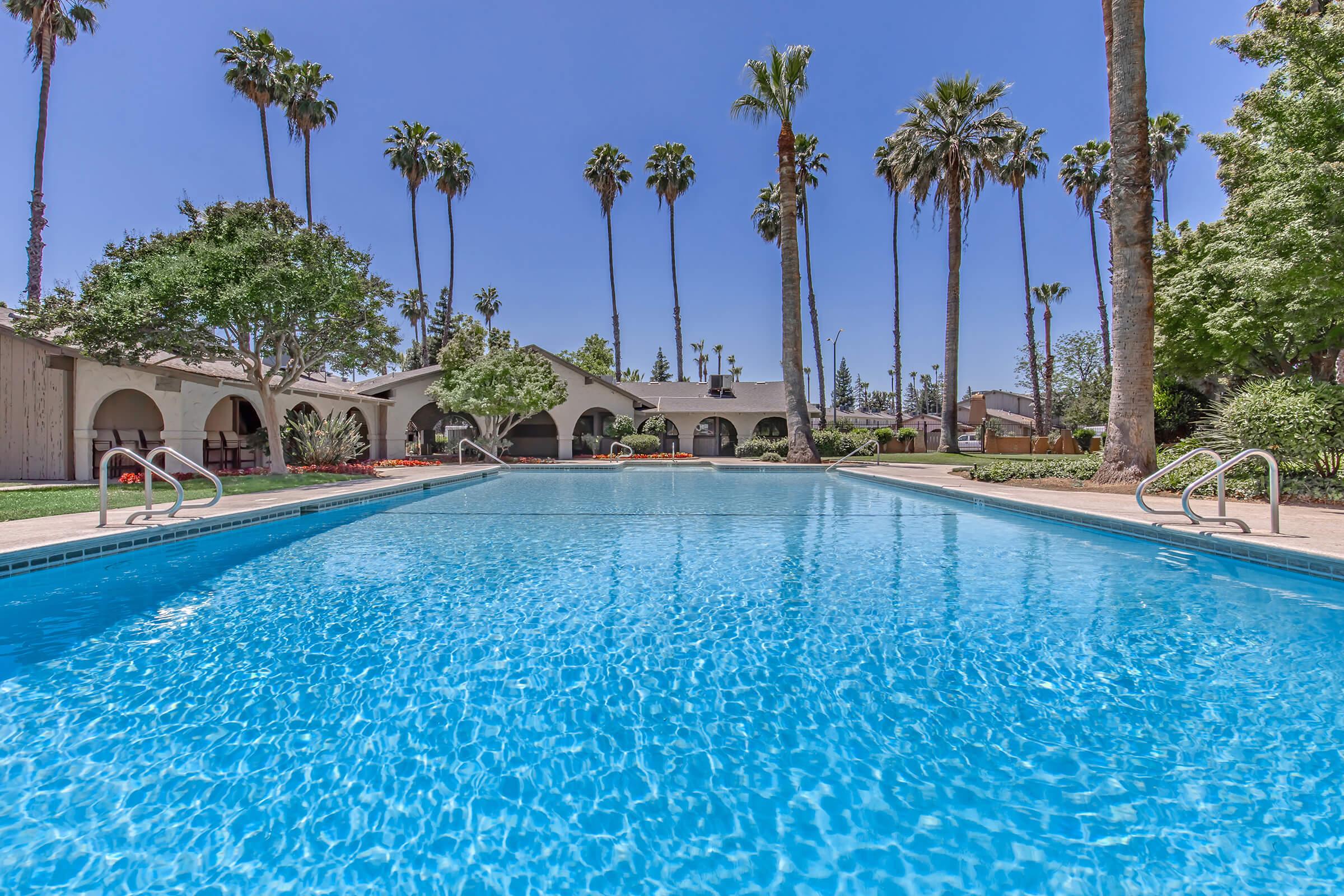 A bright blue swimming pool surrounded by palm trees and well-manicured landscaping. In the background, a building with arches is visible, under a clear blue sky, creating a serene and inviting atmosphere.
